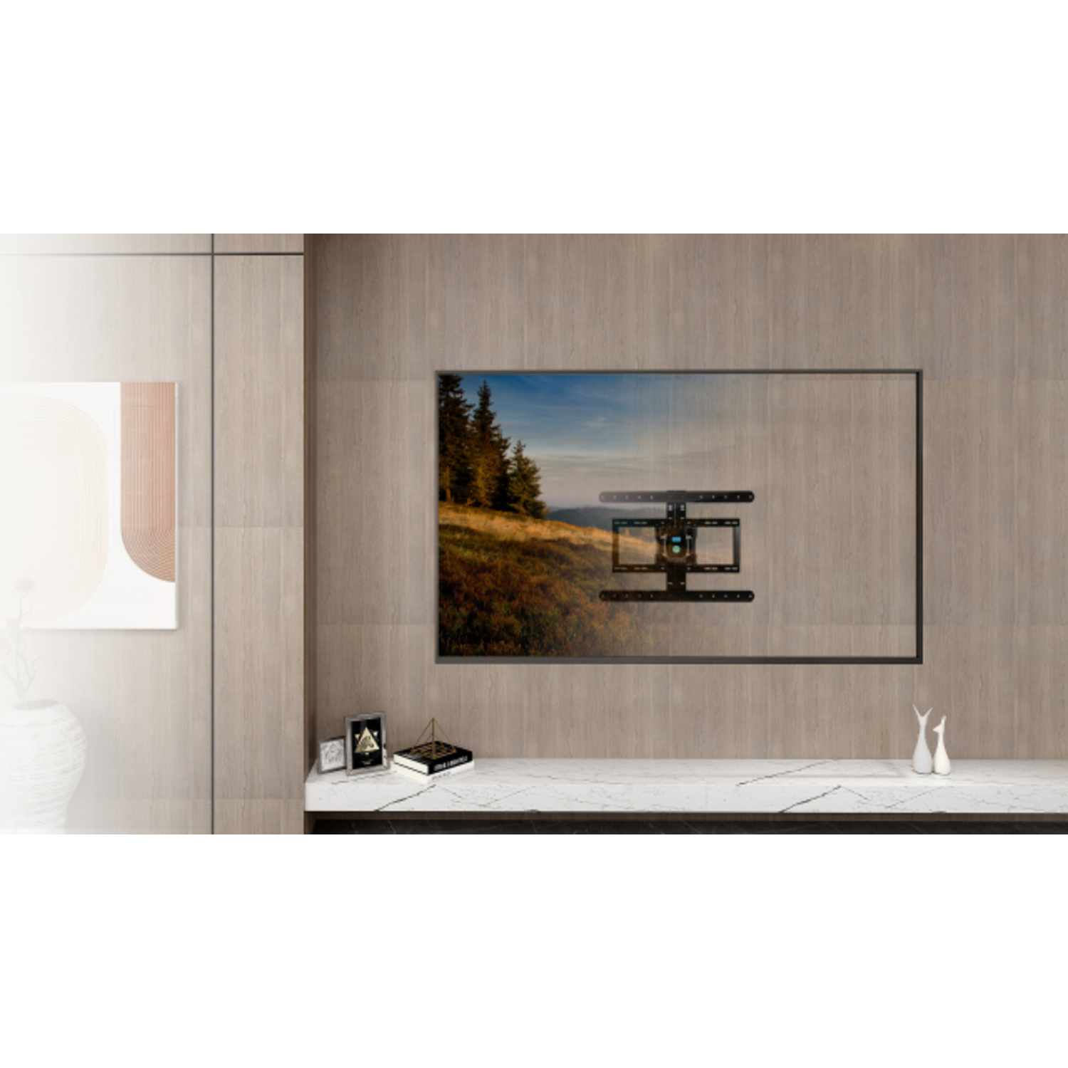A TV mounted on a wall with a black bracket. A painting and some decor are on the surface below.