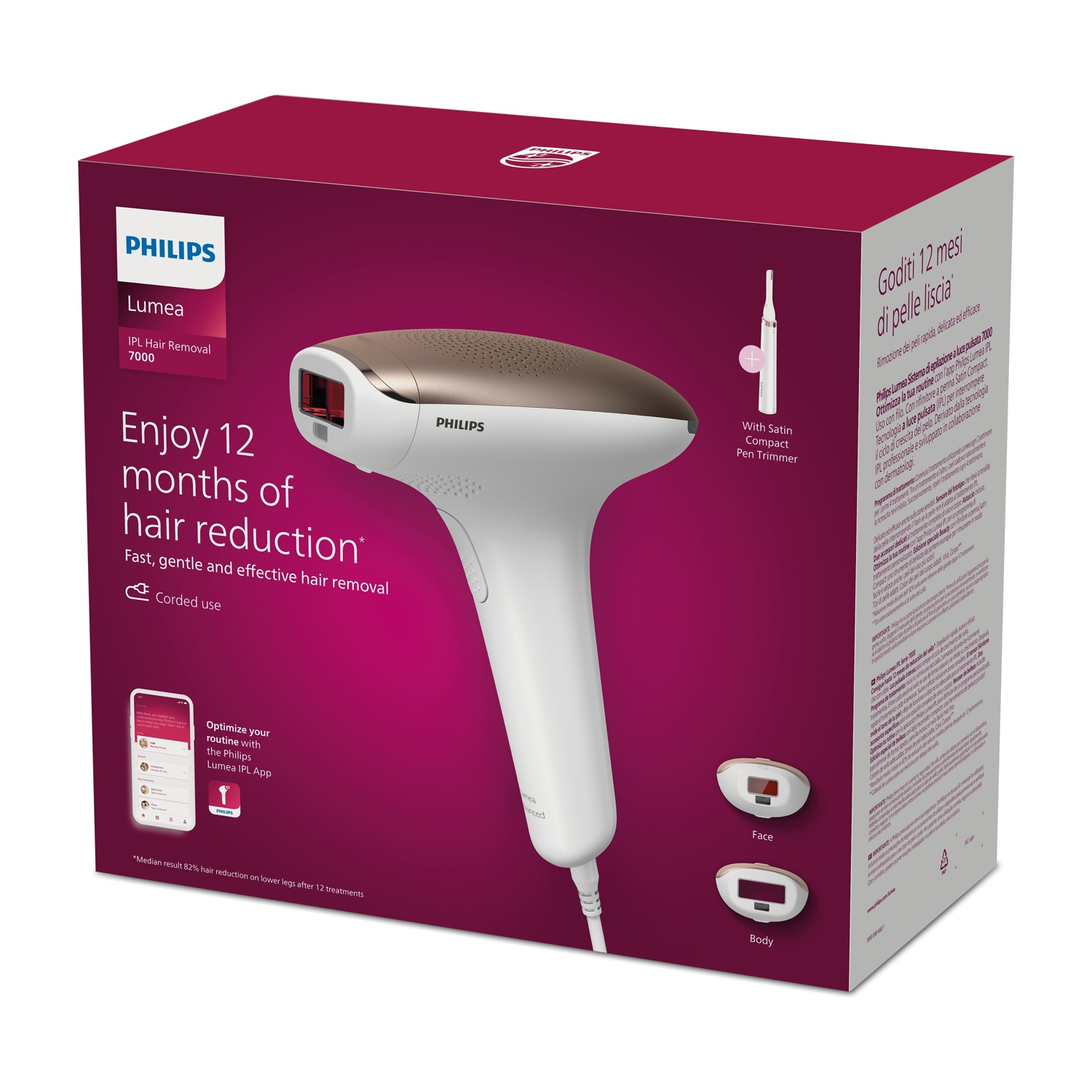 Un dispositivo di epilazione IPL Philips Lumea e la sua scatola sono in mostra.