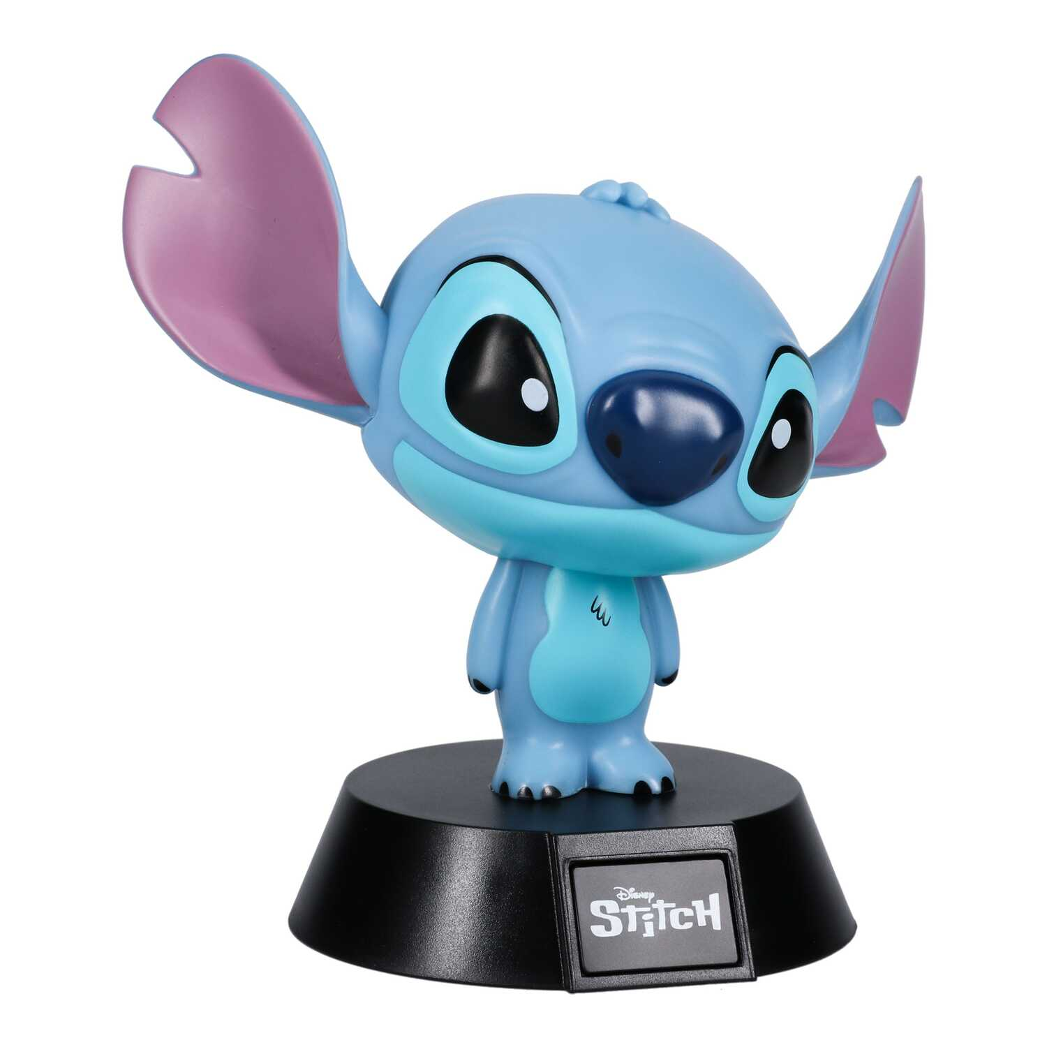 Stitch figurine, blue with big ears, on a black base with a logo.