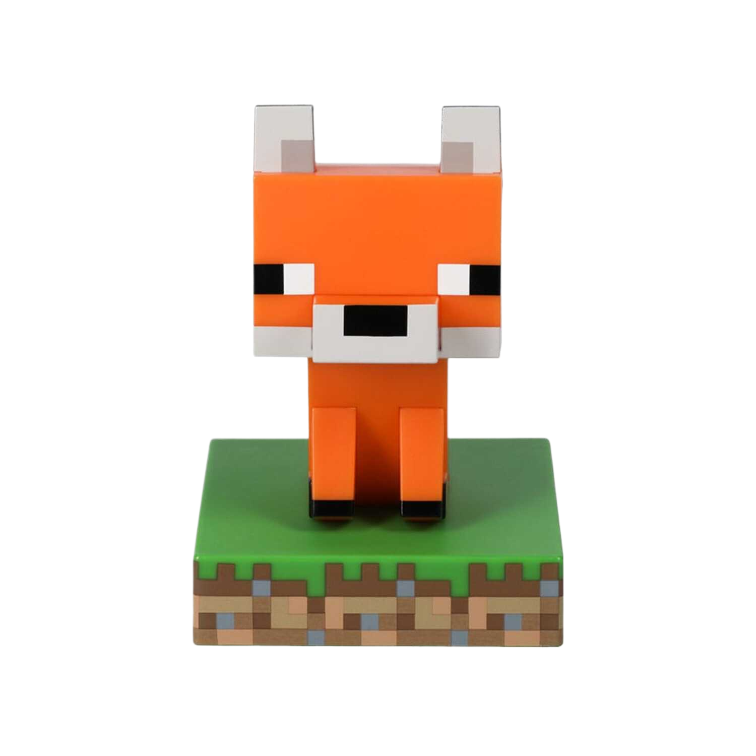 Een Minecraft-vosfiguur op een groene grasbasis, met een gepixeleerde bruine en beige rand.