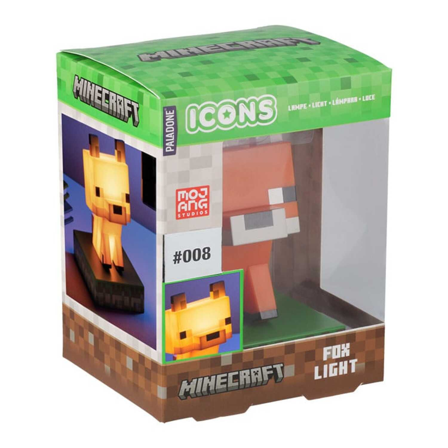 Een Minecraft Fox-lamp in een verpakking met een afbeelding van de lamp en de vos.