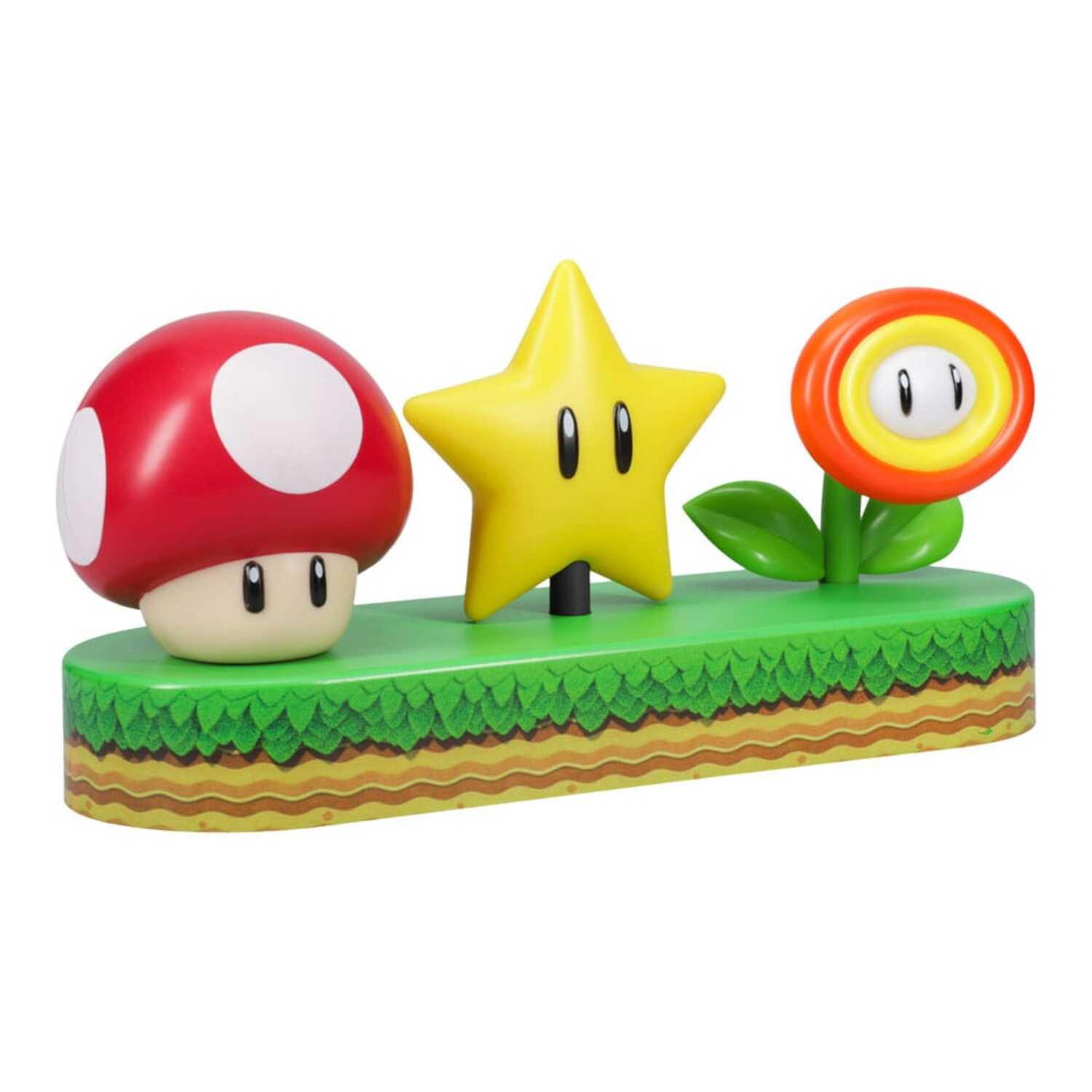 Mario characters: Red mushroom, yellow star, and a flower on a green base.