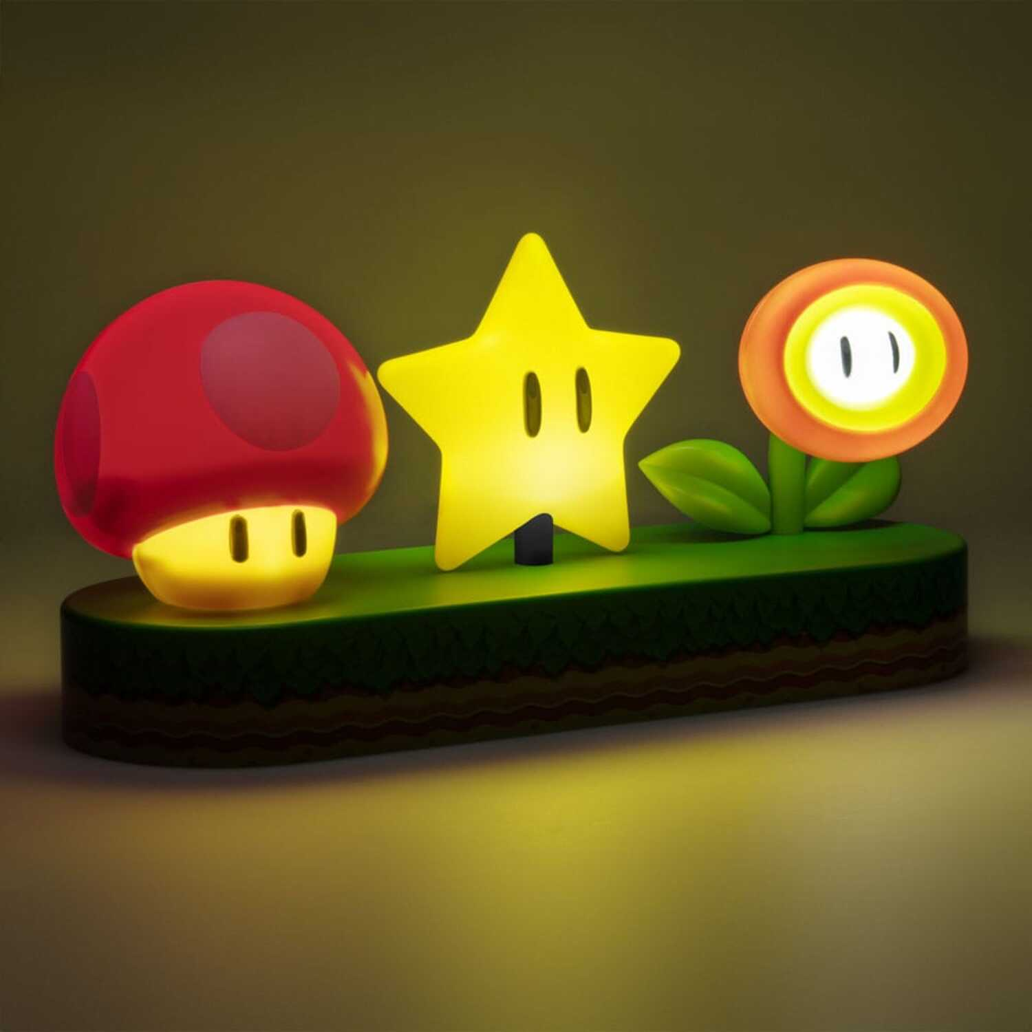 Mario themed lights: Mushroom, Star, and Flower. All are glowing on a green base.