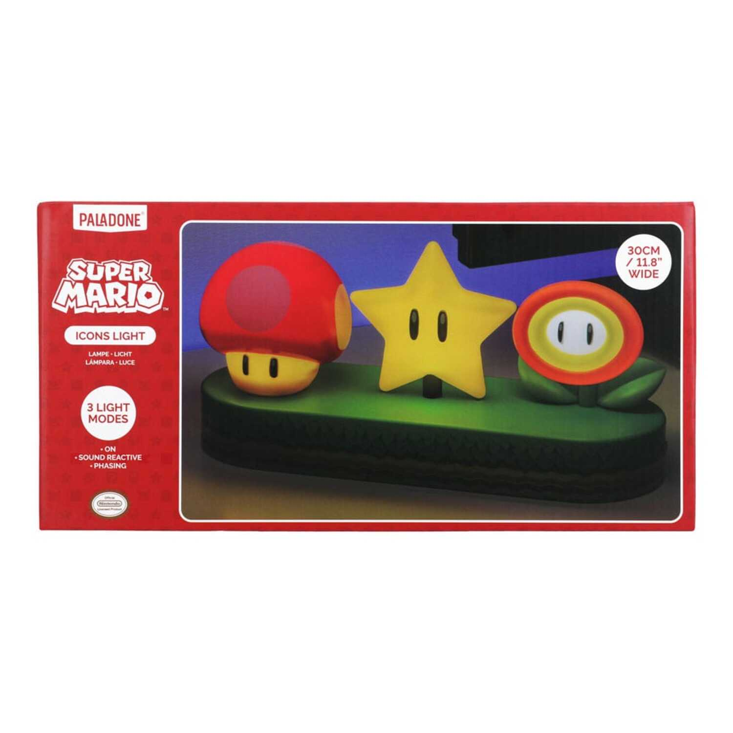 Super Mario Icons Light box featuring a red mushroom, yellow star, and flower light.