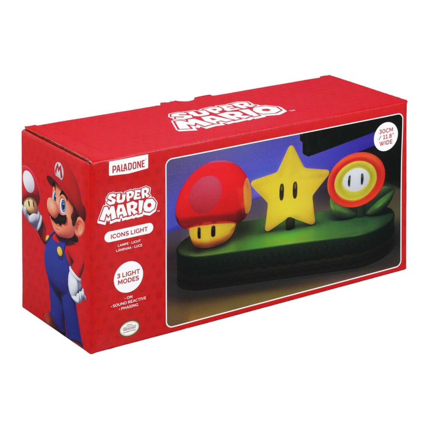 Super Mario Bros. Icons Light box with Mario, mushroom, star, and flower lights.