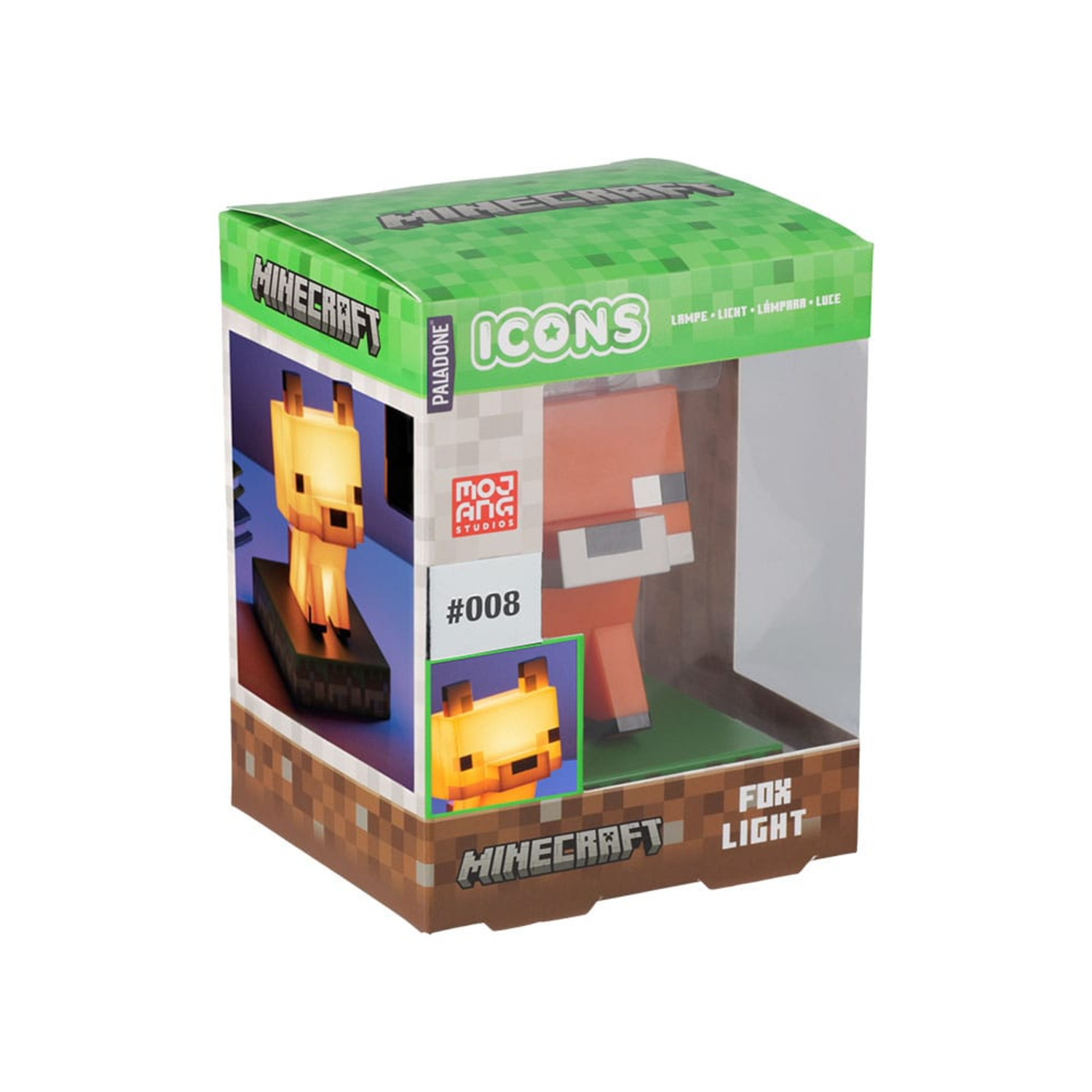 A Minecraft Fox Light in its box. The box shows the light and a Minecraft logo. The fox light is orange.