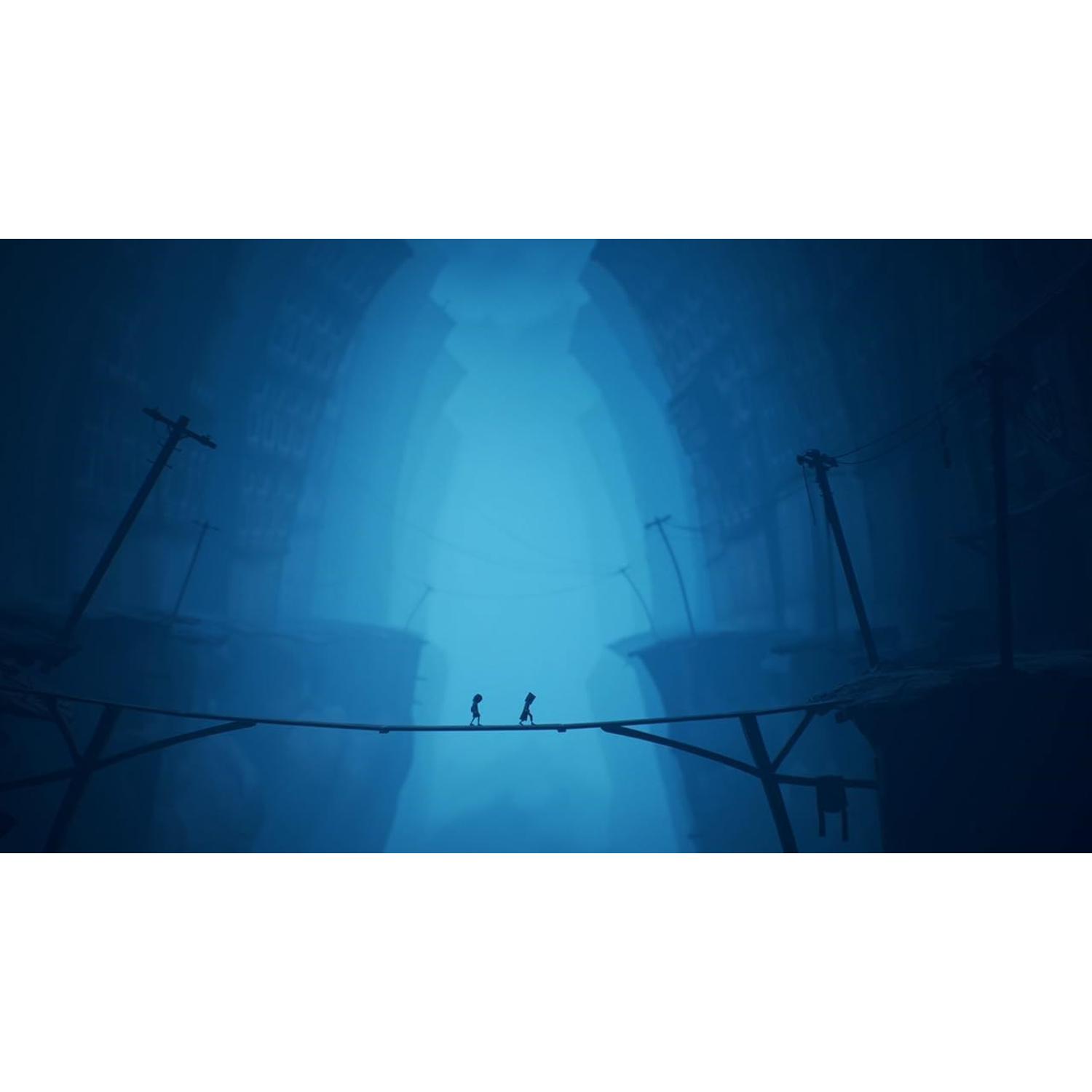 Two figures walking on a bridge in a dark, misty environment with tall buildings.