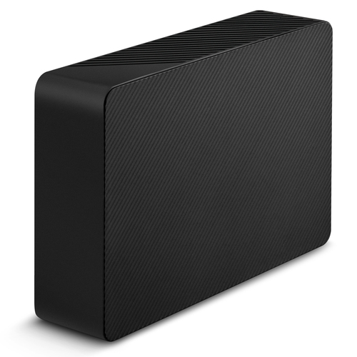 Un disco duro externo negro y rectangular con una superficie texturizada, de pie.