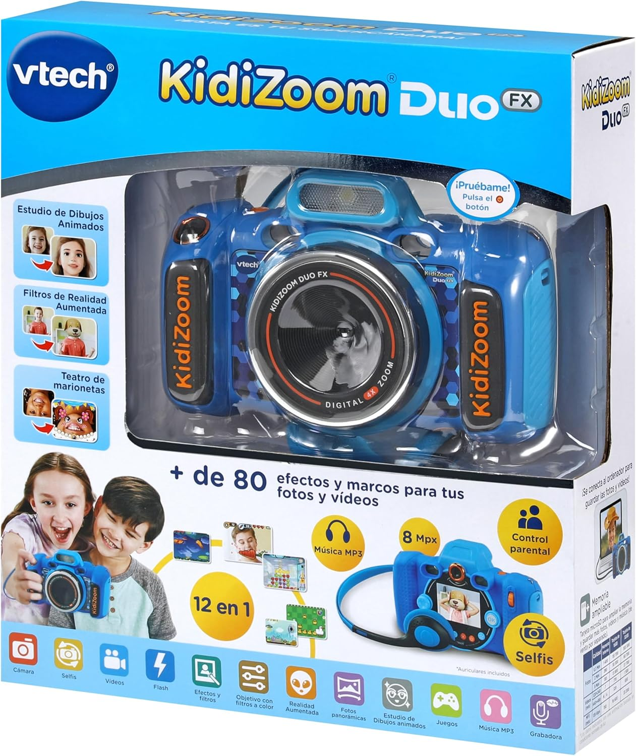 Cámara azul Kidizoom Duo FX en una caja, con niños usándola e iconos de funciones como selfies y videos.