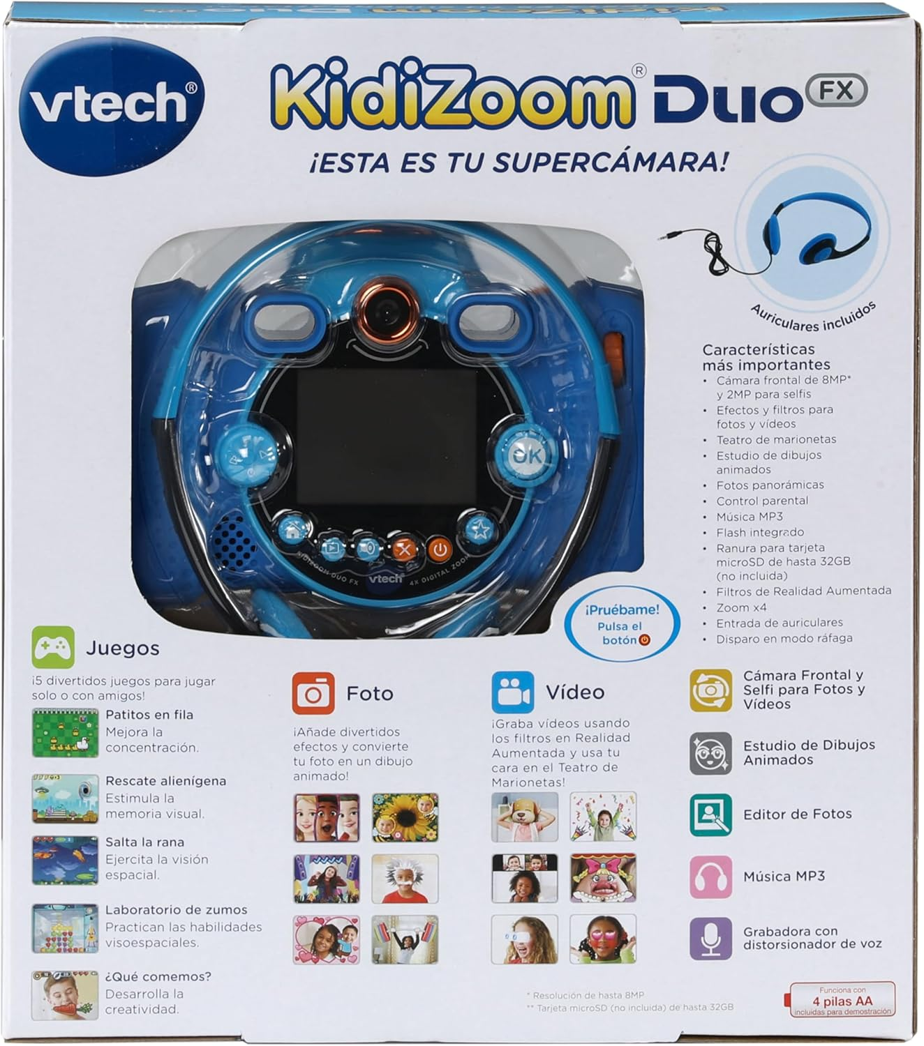 Cámara Kidizoom Duo azul con múltiples botones y una pantalla en la parte trasera.
