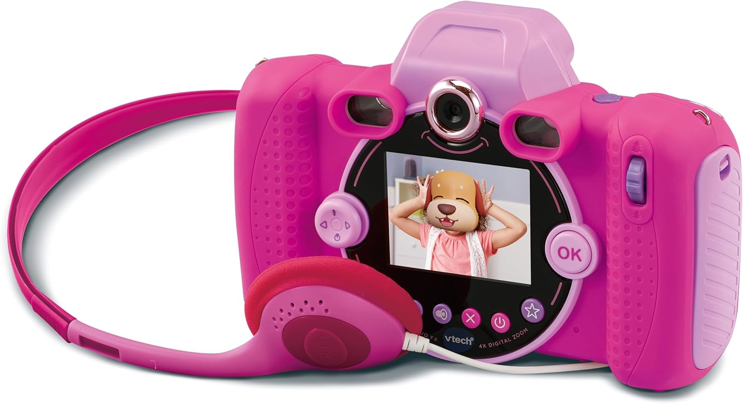 Cámara de juguete rosa. La pantalla LCD muestra una foto de un niño con máscara de perro.