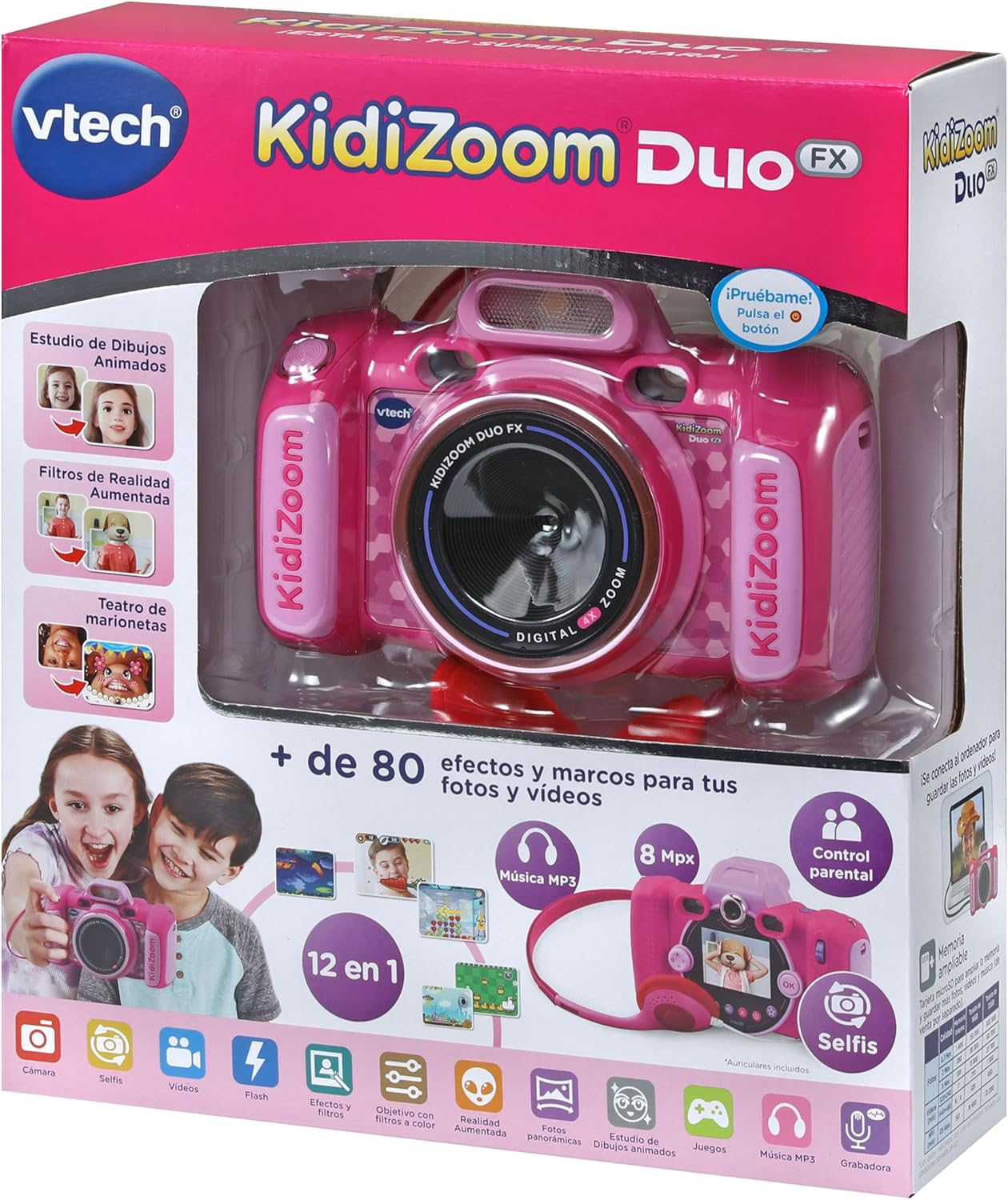Caja de la cámara Kidizoom Duo FX rosa. La caja muestra la cámara y sus funciones. Hay niños en las fotos.
