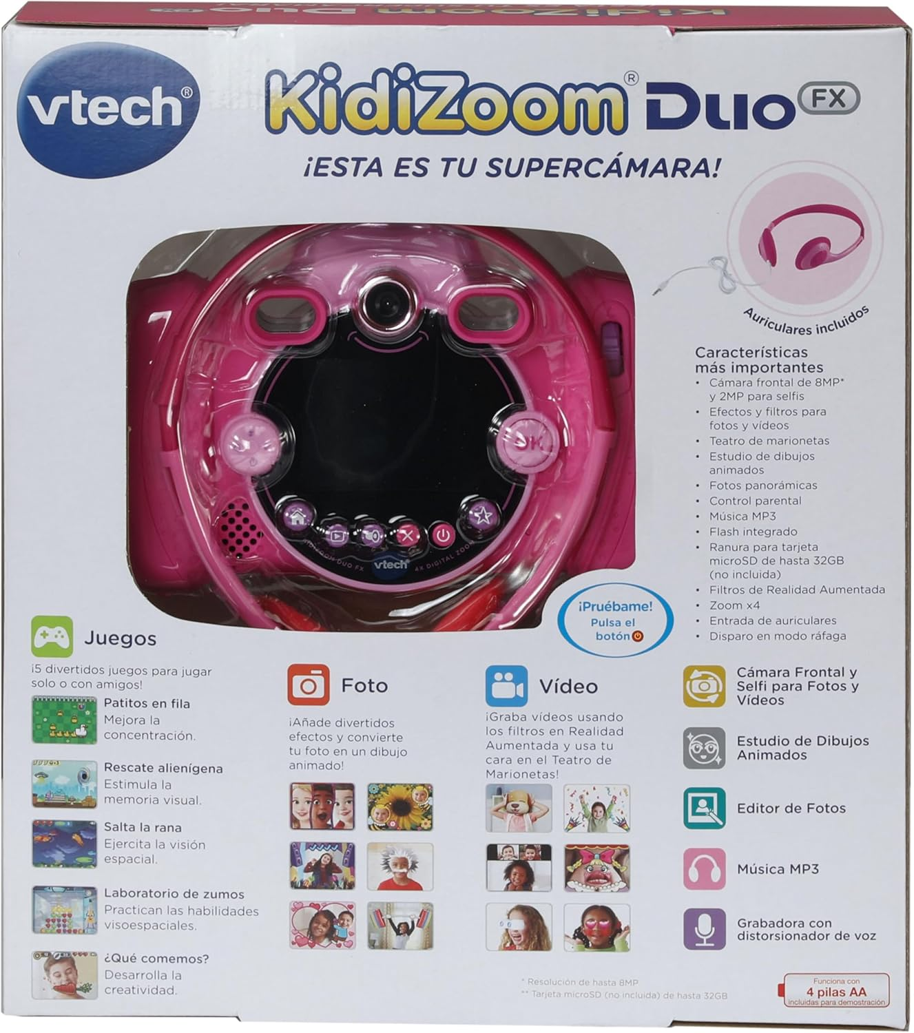 Una caja rosa de la cámara Kidizoom Duo FX con características e imágenes.