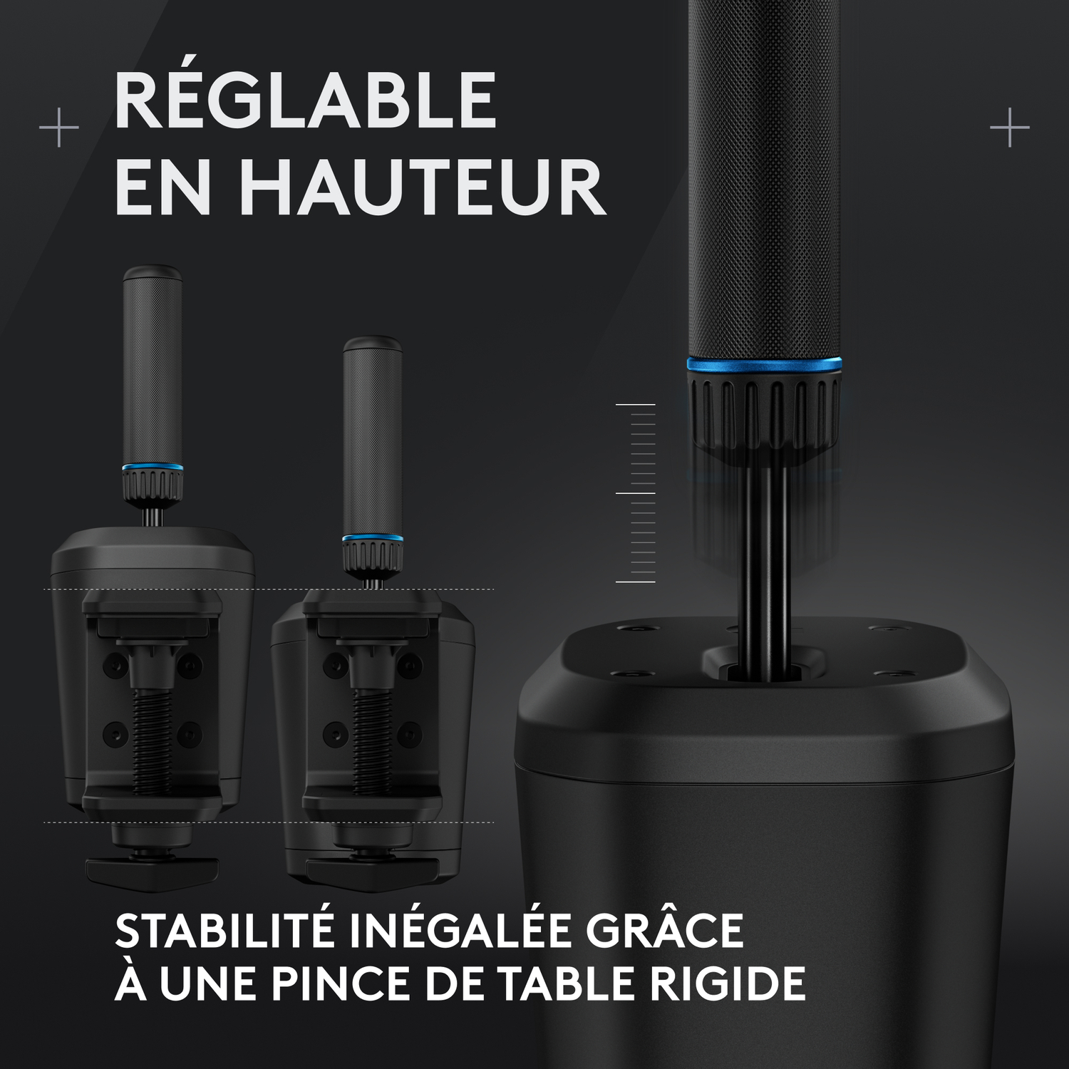 Support réglable en hauteur avec pince de table. Texte : Stabilité inégalée avec pince de table rigide.