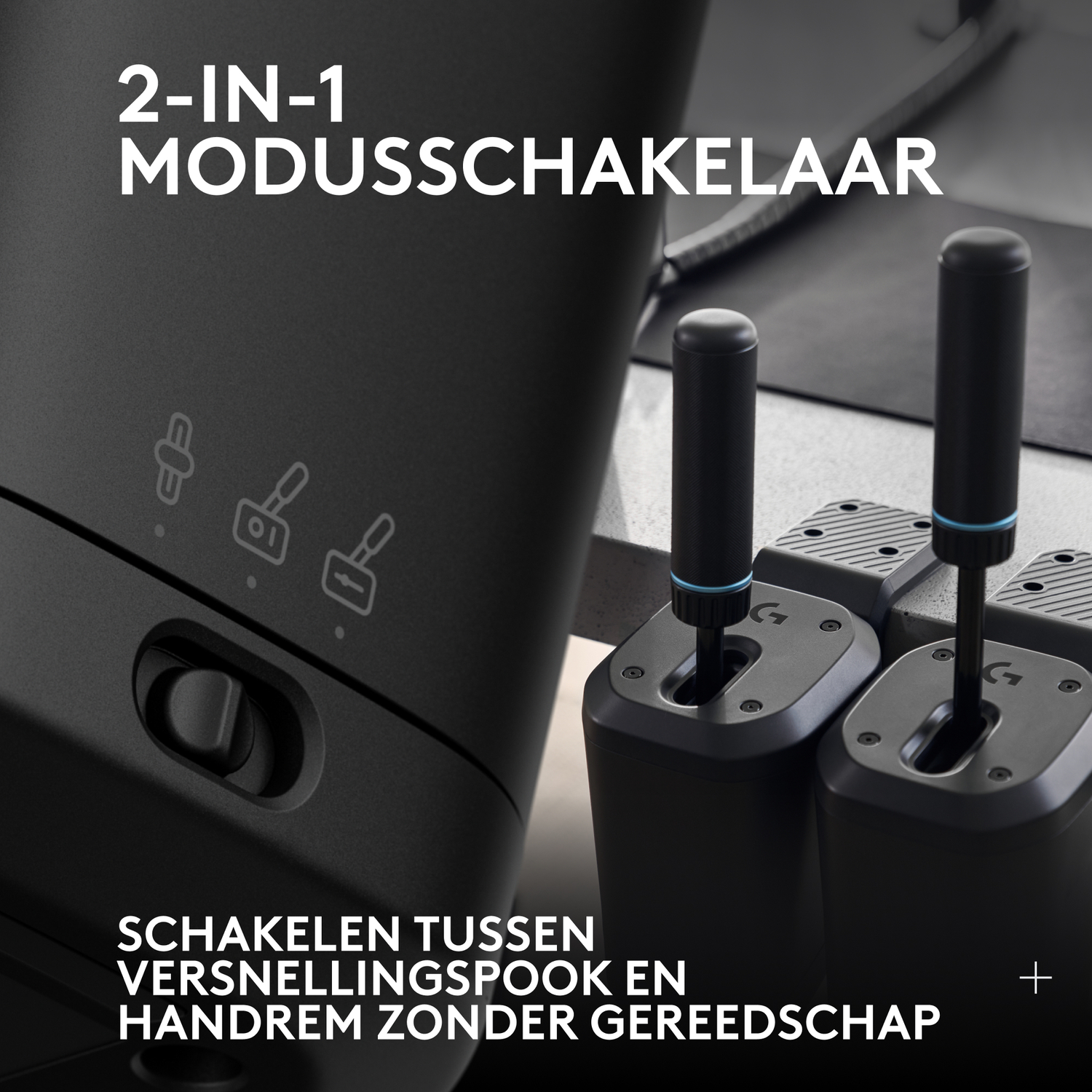 Close-up of a black gaming control panel with two levers and text in Dutch.