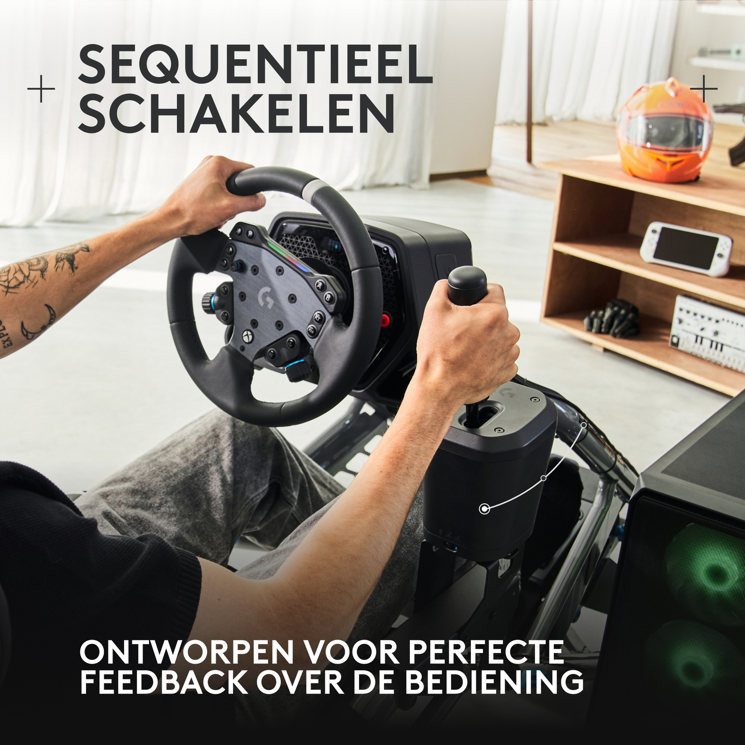 Person using a racing wheel setup. Includes wheel, gear shift, and a gaming chair.