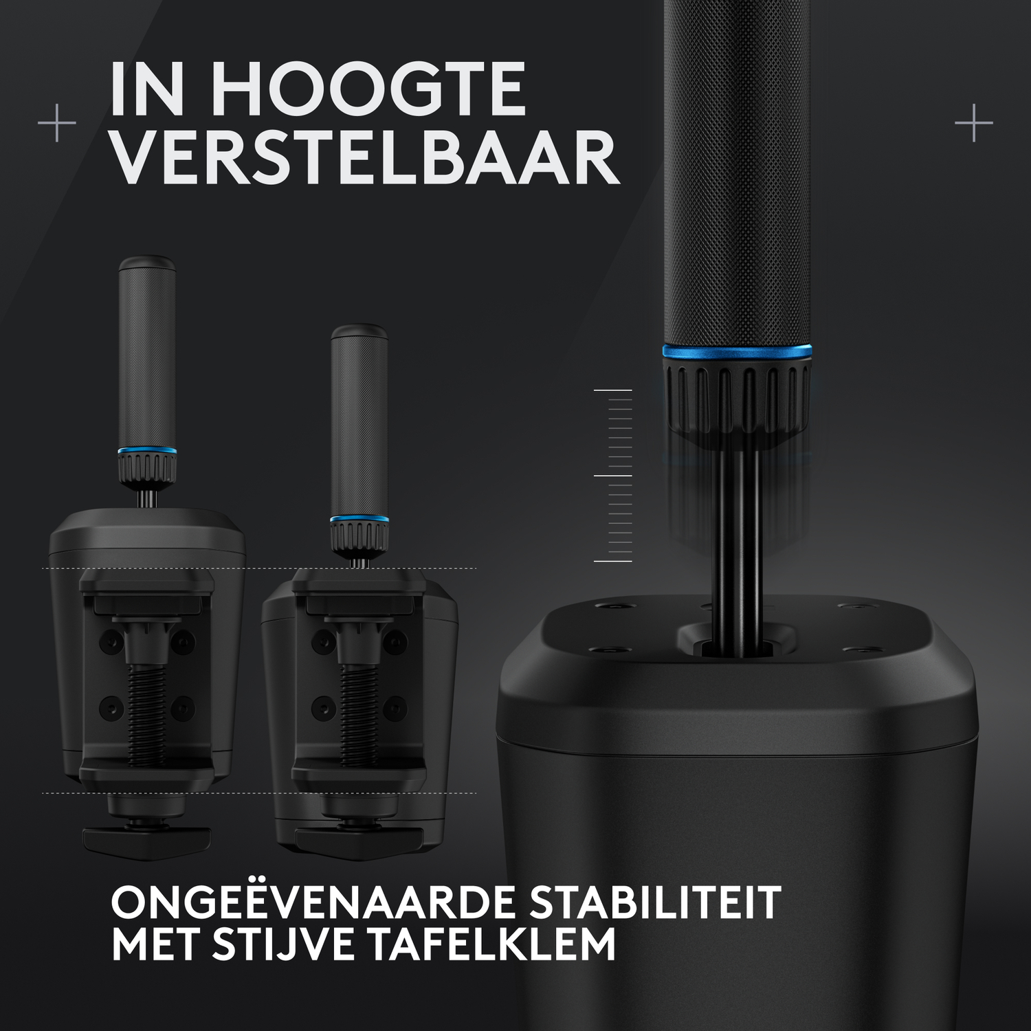 Close-up of a black speaker stand with adjustable height and a stable table clamp.