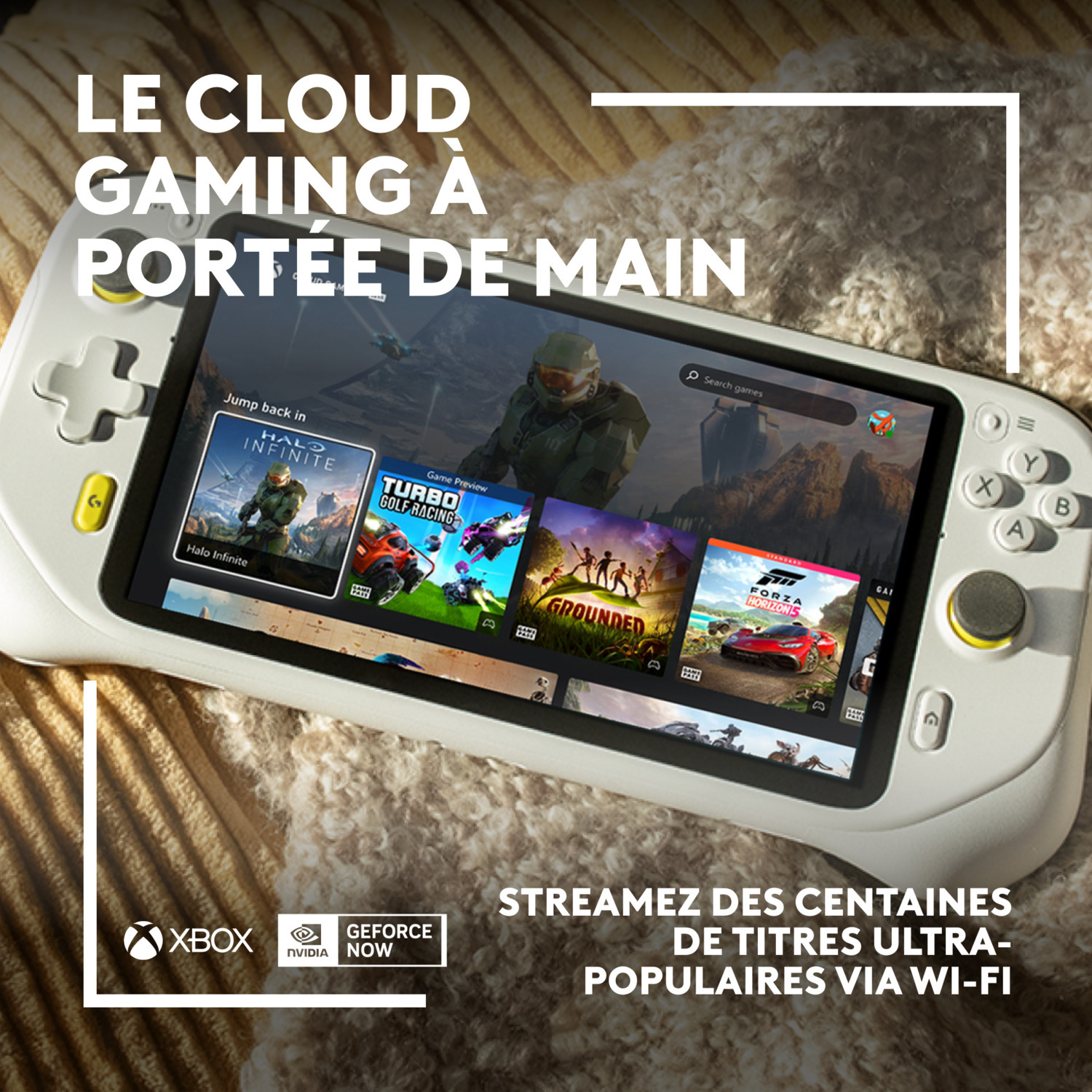 Console de jeu portable blanche avec écran affichant des options de jeux vidéo. Texte en haut : 'Cloud Gaming'