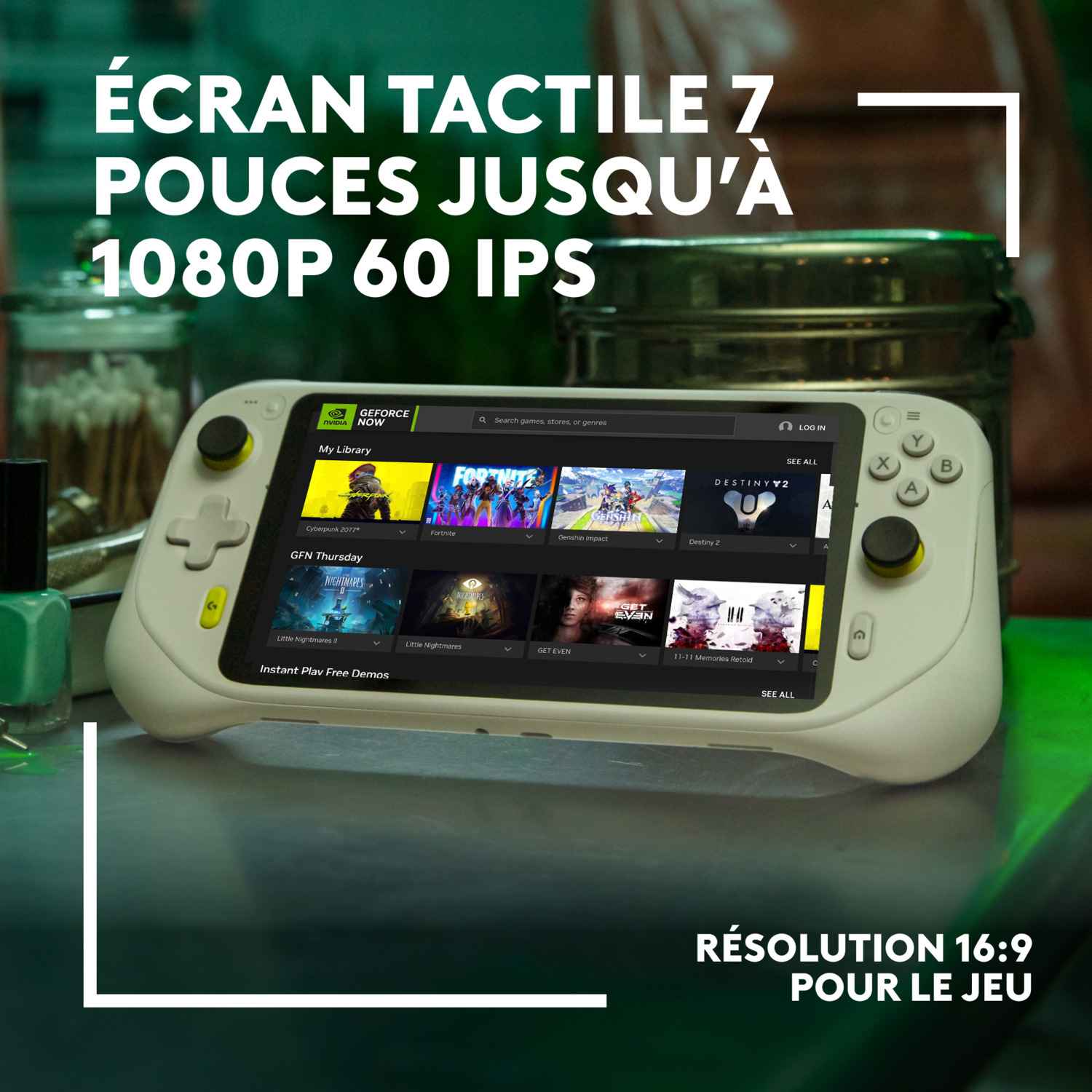 Appareil de jeu portable affichant l'interface du jeu. Texte superposé : écran tactile 7 pouces, jusqu'à 1080P 60 FPS.