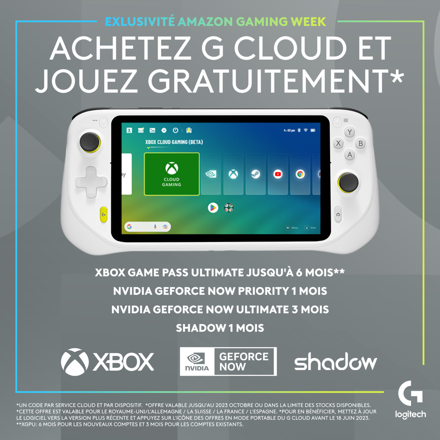 Un appareil de jeu blanc avec un écran et des boutons, avec du texte et des logos autour.