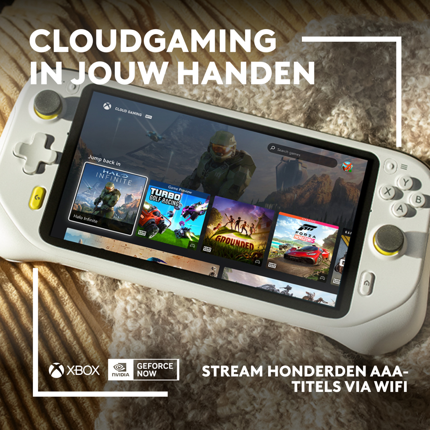 A white handheld gaming device with a screen. Xbox and NVIDIA logos are visible.