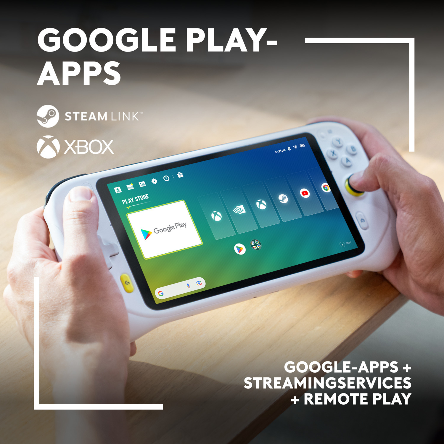 A person holding a white and gray handheld gaming device. The screen shows a Play Store.