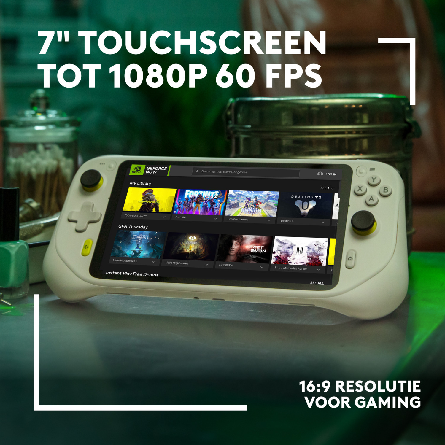 A white handheld gaming device, with a 7-inch touchscreen, displaying a game library. Text overlayed: 7" TOUCHSCREEN.