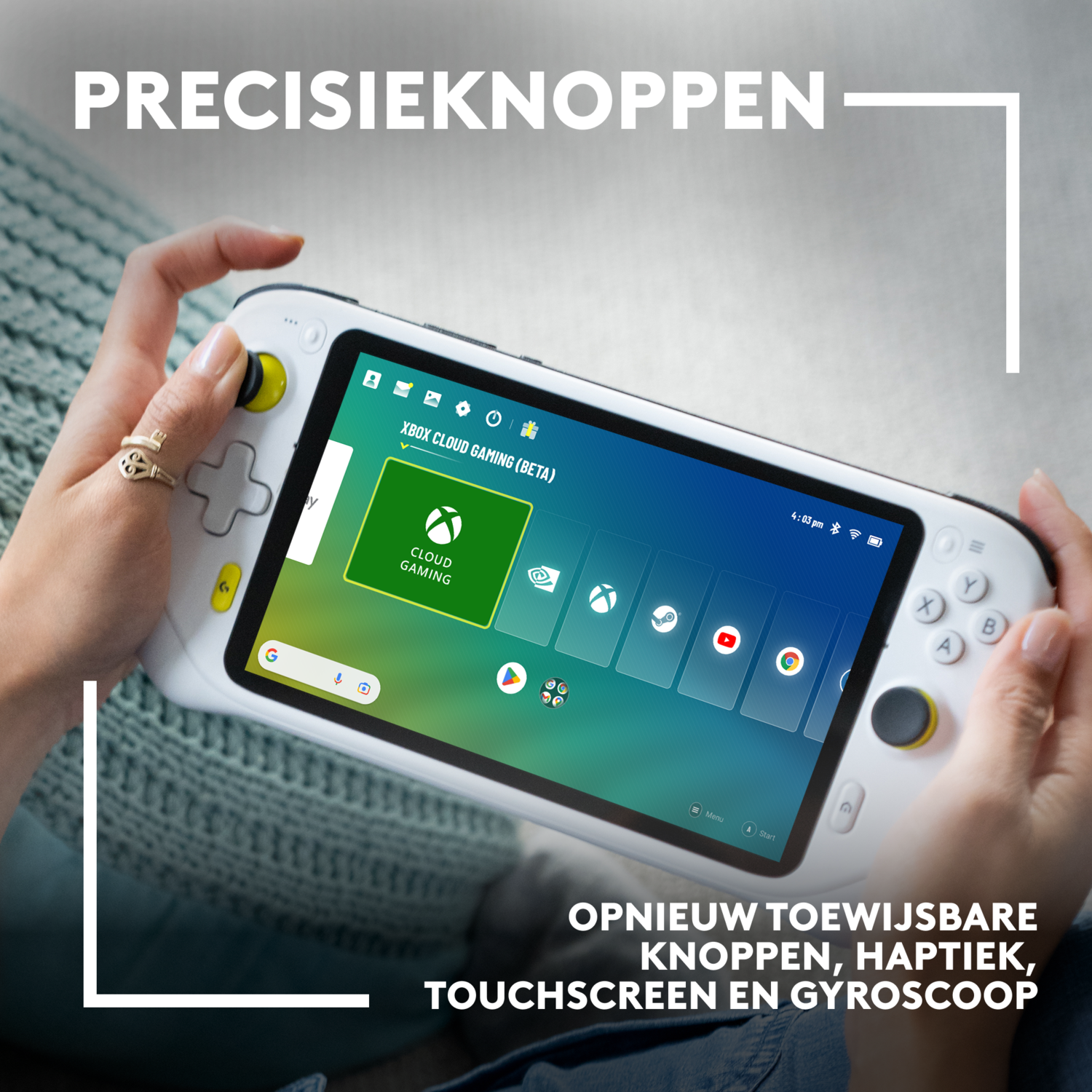 Person holding a white handheld gaming device. Screen shows XBOX Cloud Gaming interface.