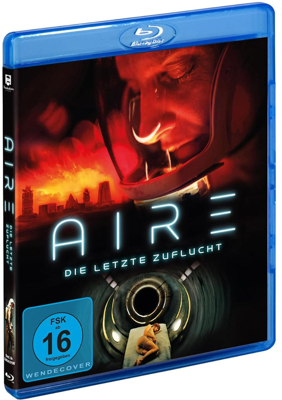 Blu-ray-Disc-Cover mit einer Frau im Raumanzug und einer brennenden Stadt.