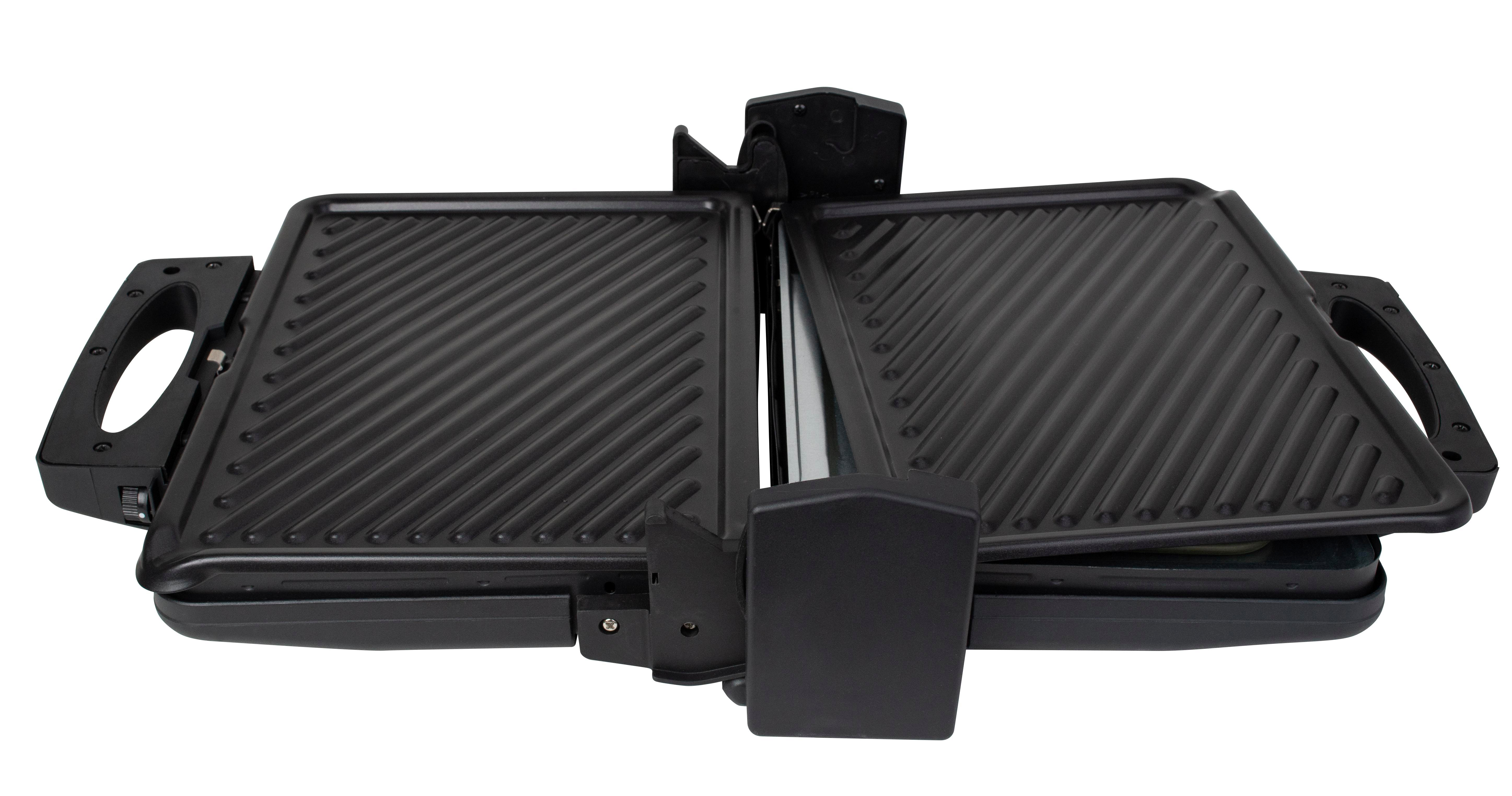 Ein offener schwarzer Sandwichmaker mit Grillplatten.
