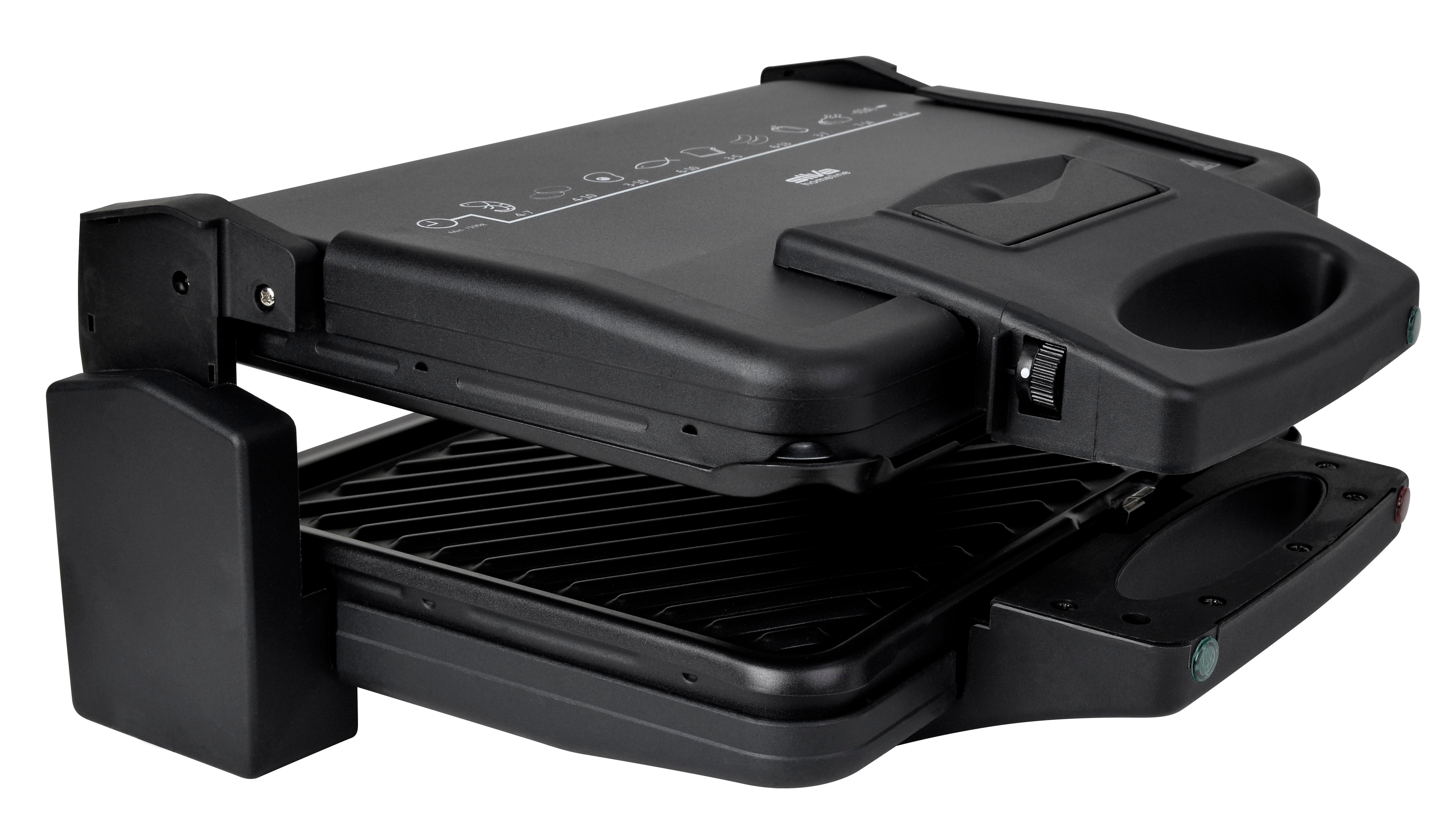 Ein schwarzer Sandwichmaker, geöffnet, um die Grillplatten mit einem Netzkabel zu zeigen. Weißer Hintergrund.