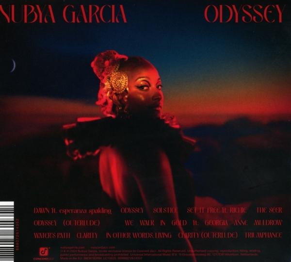 Albumcover: Nubya Garcia, rot und schwarz, mit dem Text 'Odyssey'.