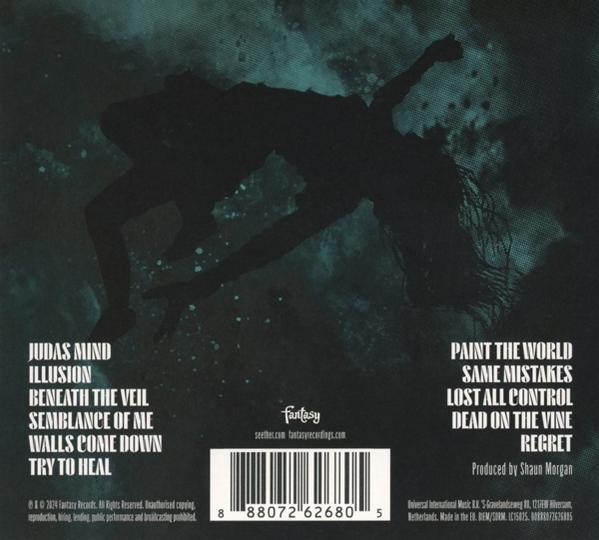 Die Rückseite einer CD mit Text und einer Silhouette einer stürzenden Person. Ein Barcode ist sichtbar.