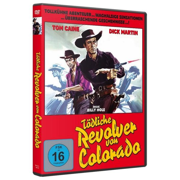 DVD-Cover für den Film 'Tödliche Revolver von Colorado' mit Cowboys in einer Schießerei. Roter Hintergrund.