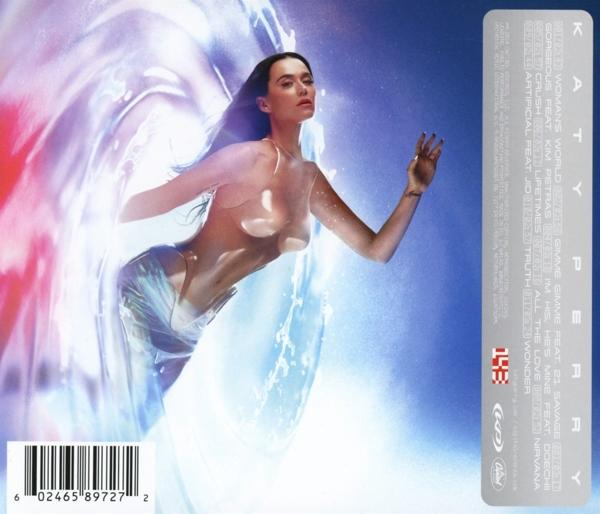 Katy Perry Albumcover, Frau im Wasser mit Titelliste und Barcode.