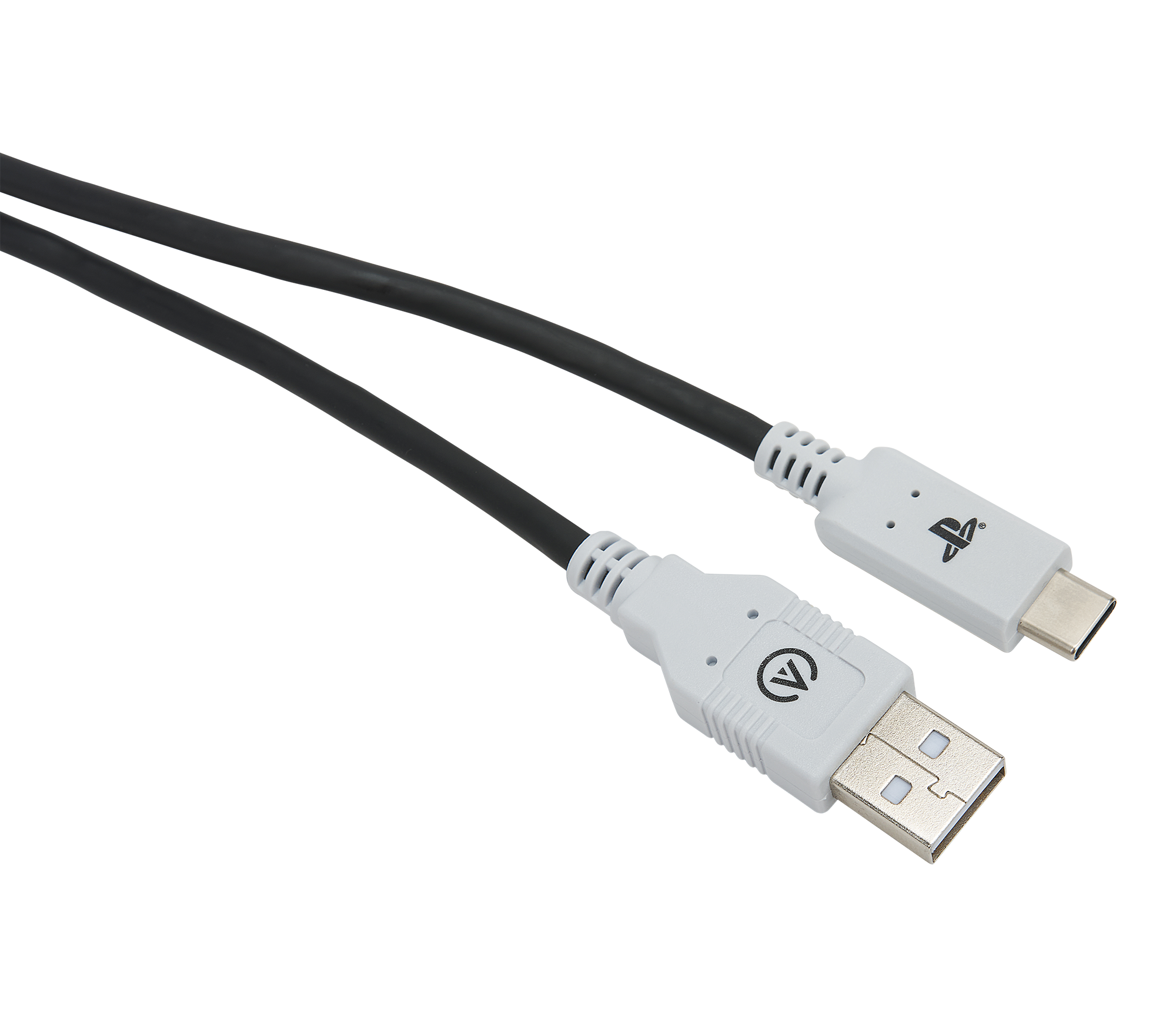 İki USB kablosu, biri PS logolu beyaz, diğeri USB başlığı olan siyah.
