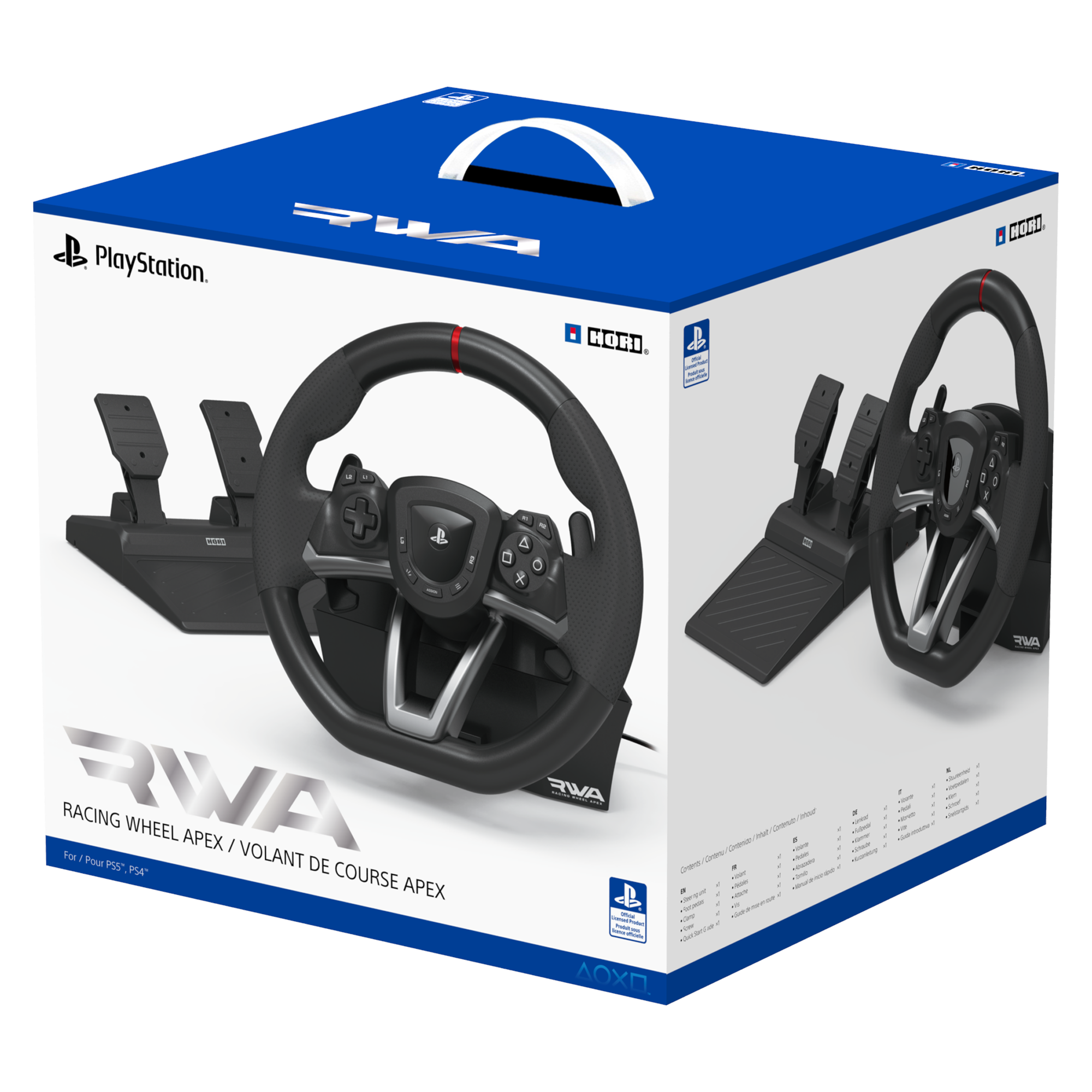 Pedallere sahip bir oyun direksiyonu, PlayStation ve HORI markalı bir kutuda.