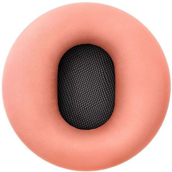 Brzoskwiniowe nauszniki słuchawek. Widoczne ciemne, siateczkowe wnętrze.