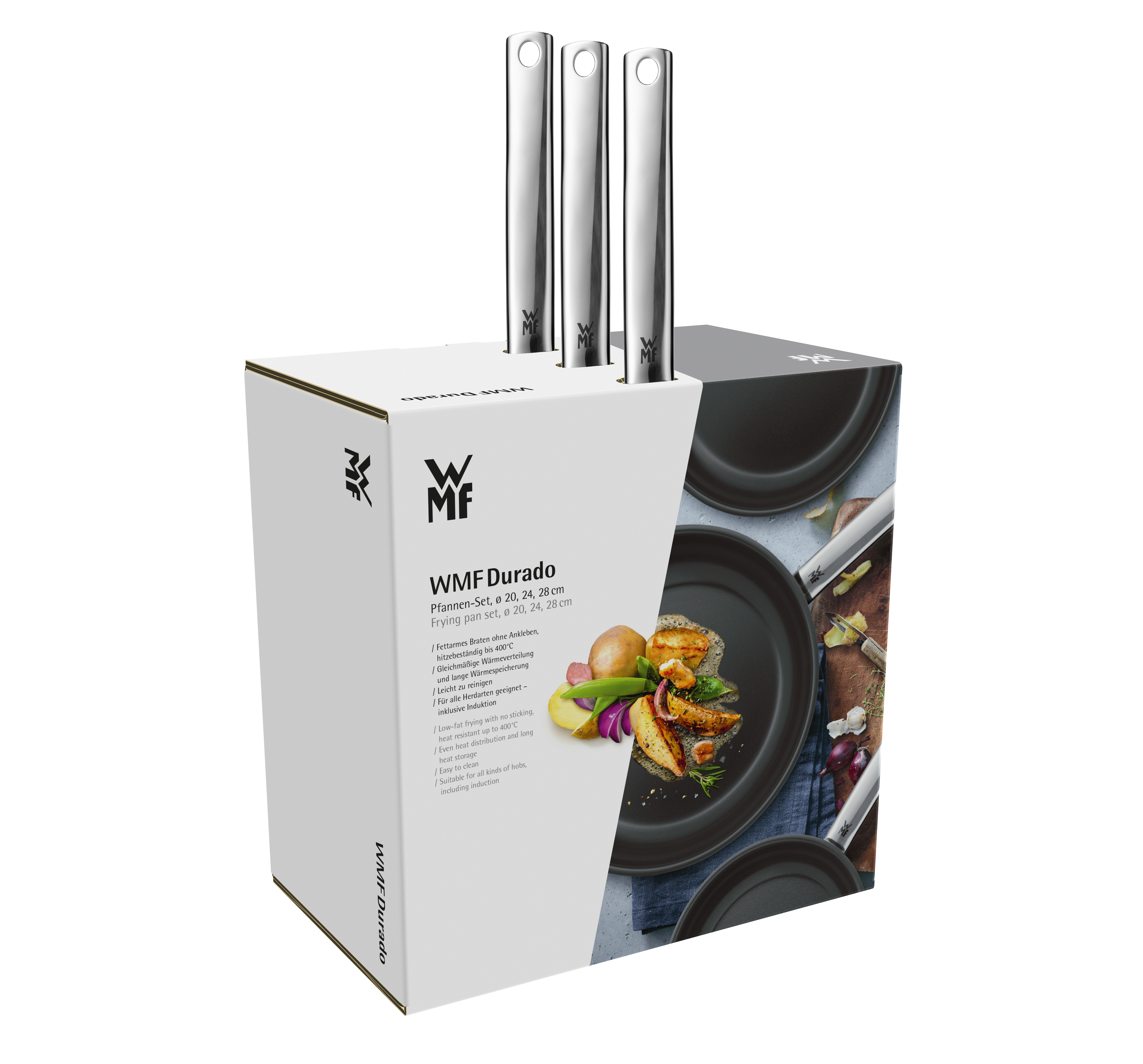 Ein WMF Bratpfannen-Set in einer Box mit drei Pfannen und drei Griffen auf weißem Hintergrund.
