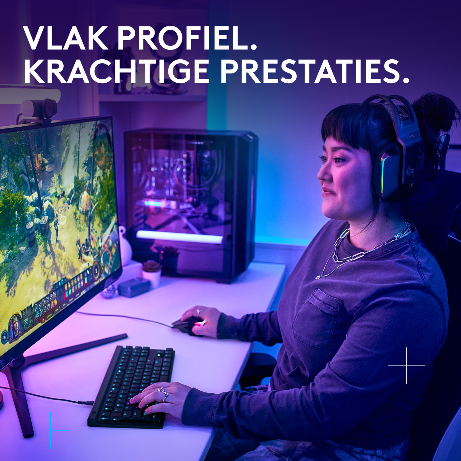 A woman is playing a game on a computer with a black keyboard and mouse.