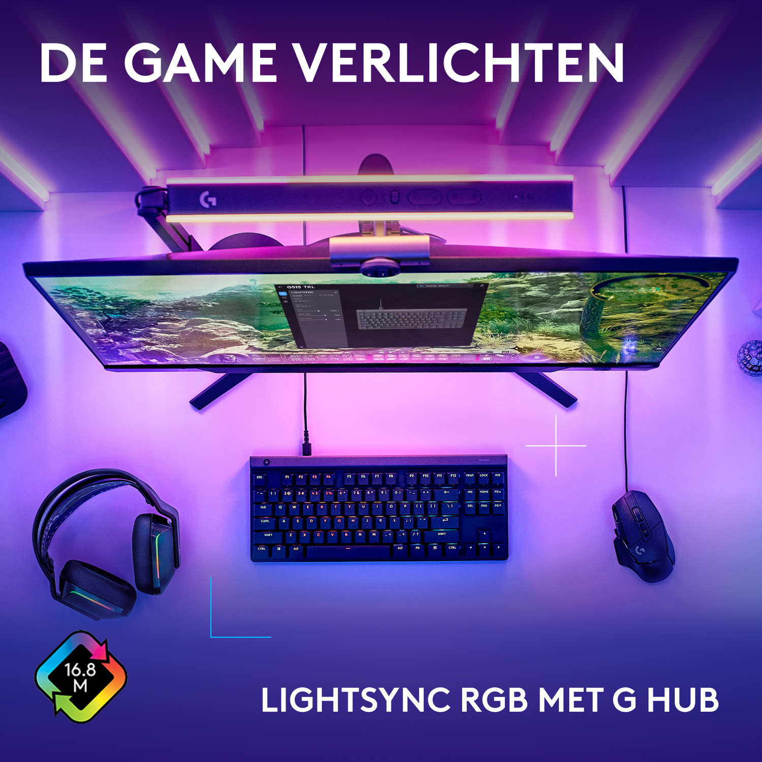 A gaming setup with a monitor and keyboard lit by RGB lights, with headphones and a mouse.