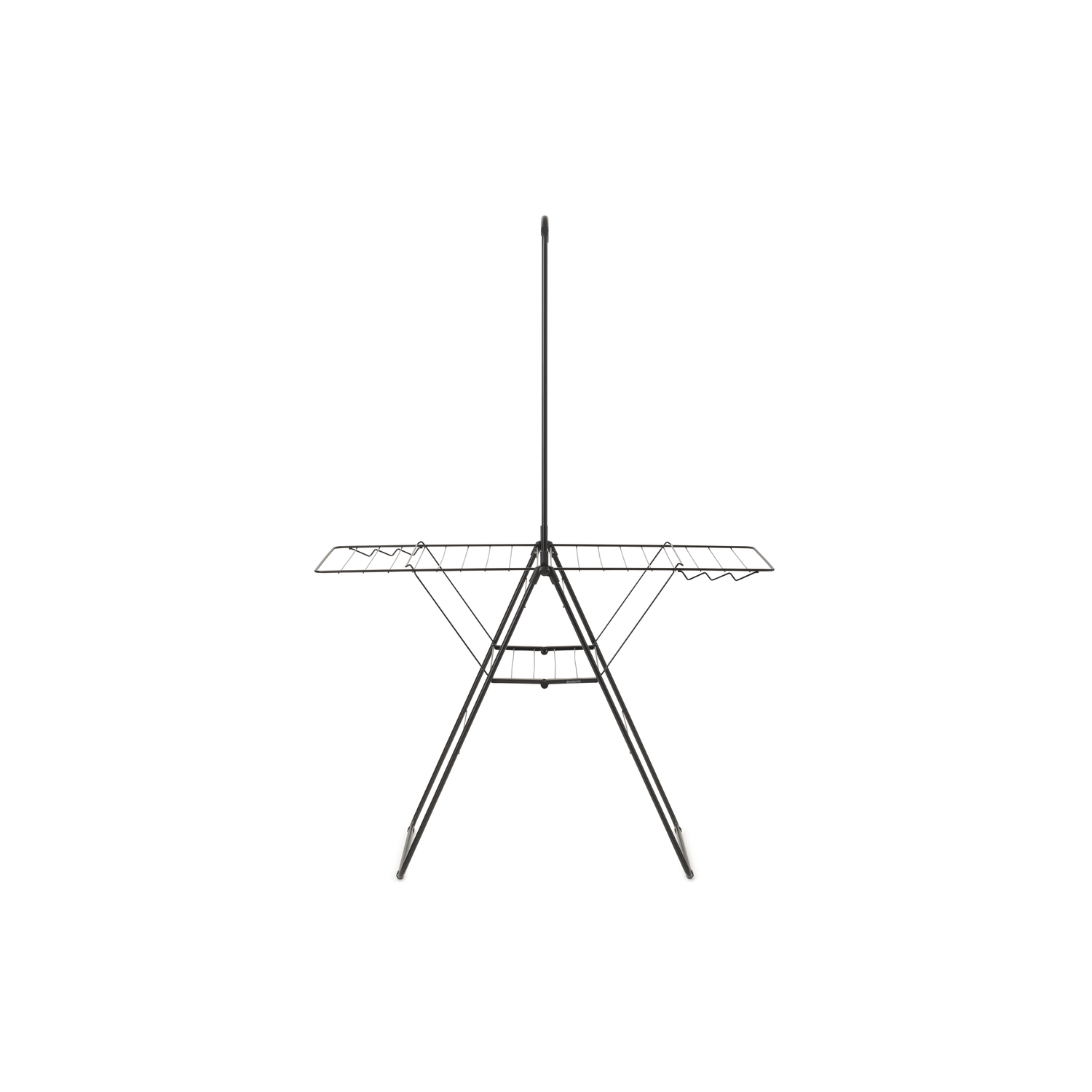 A black clothes drying rack, open and ready to use, against a white background.