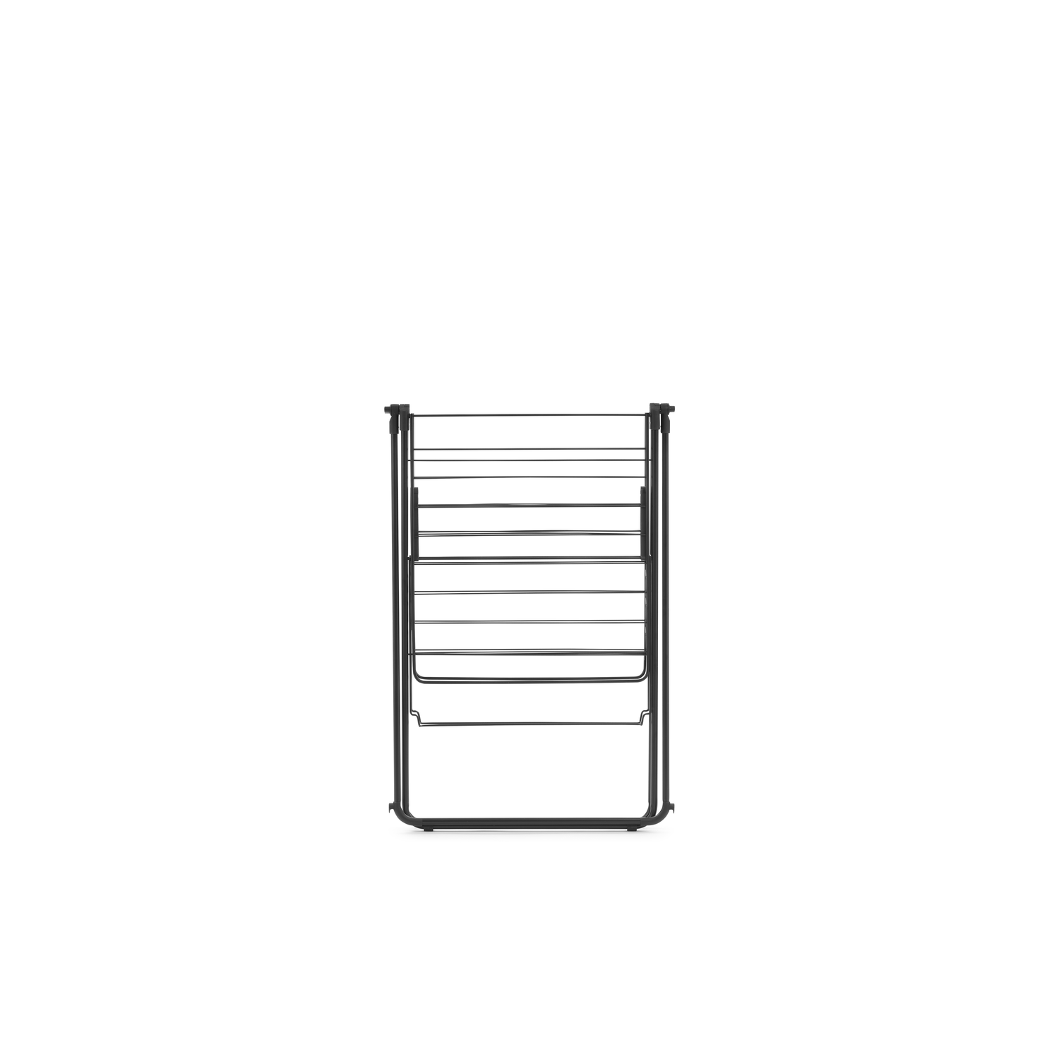 A black clothes drying rack, unfolded, on a white background. Vertical, minimalist style.