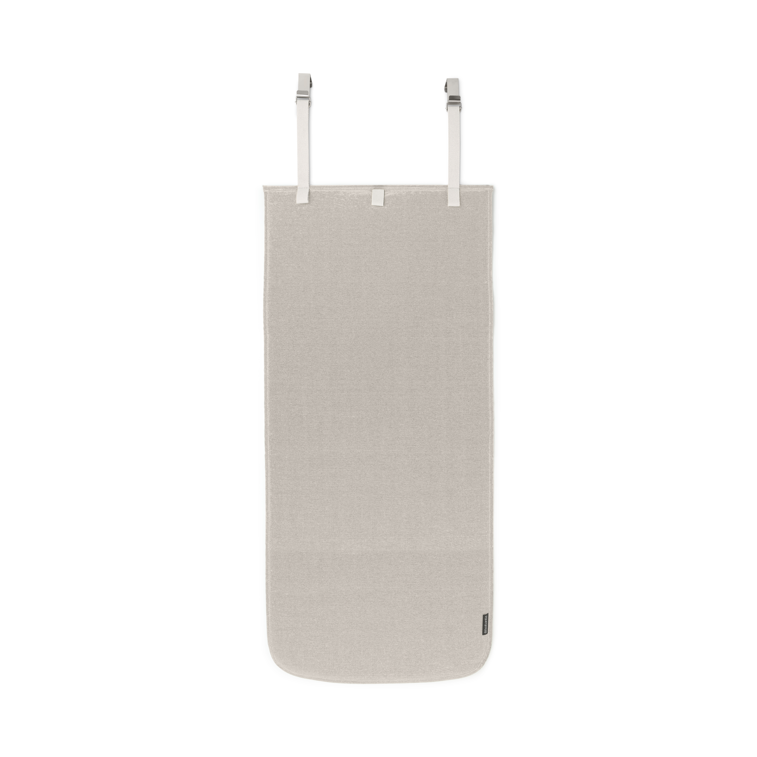 Sac en tissu beige avec sangles métalliques sur fond blanc.