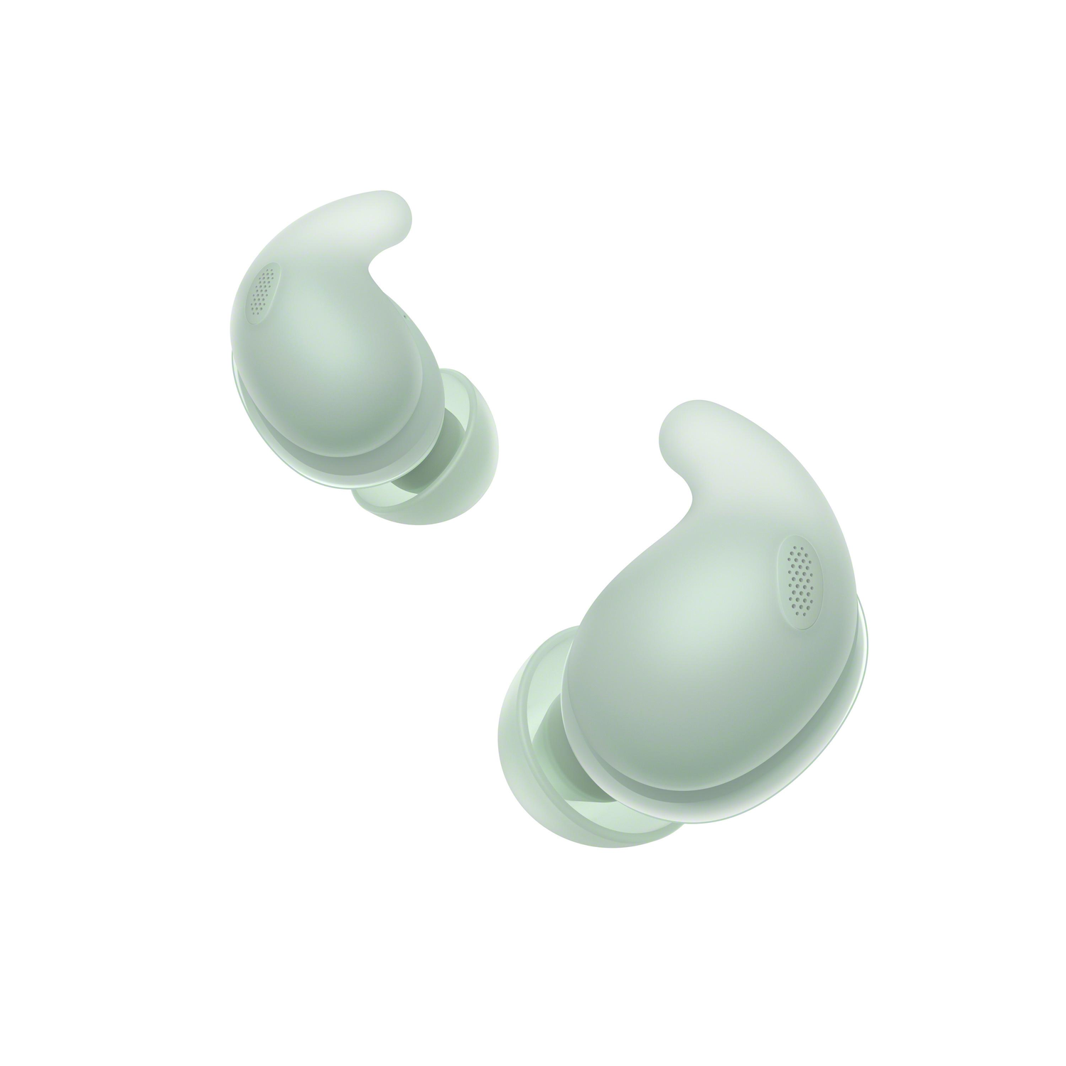 Two light green earbuds on a white background.