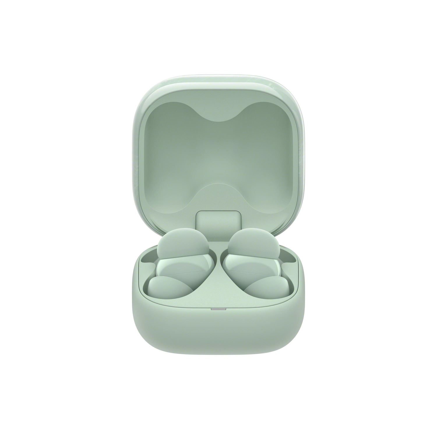 Earbuds in a green case. The earbuds are light green. The case is open.