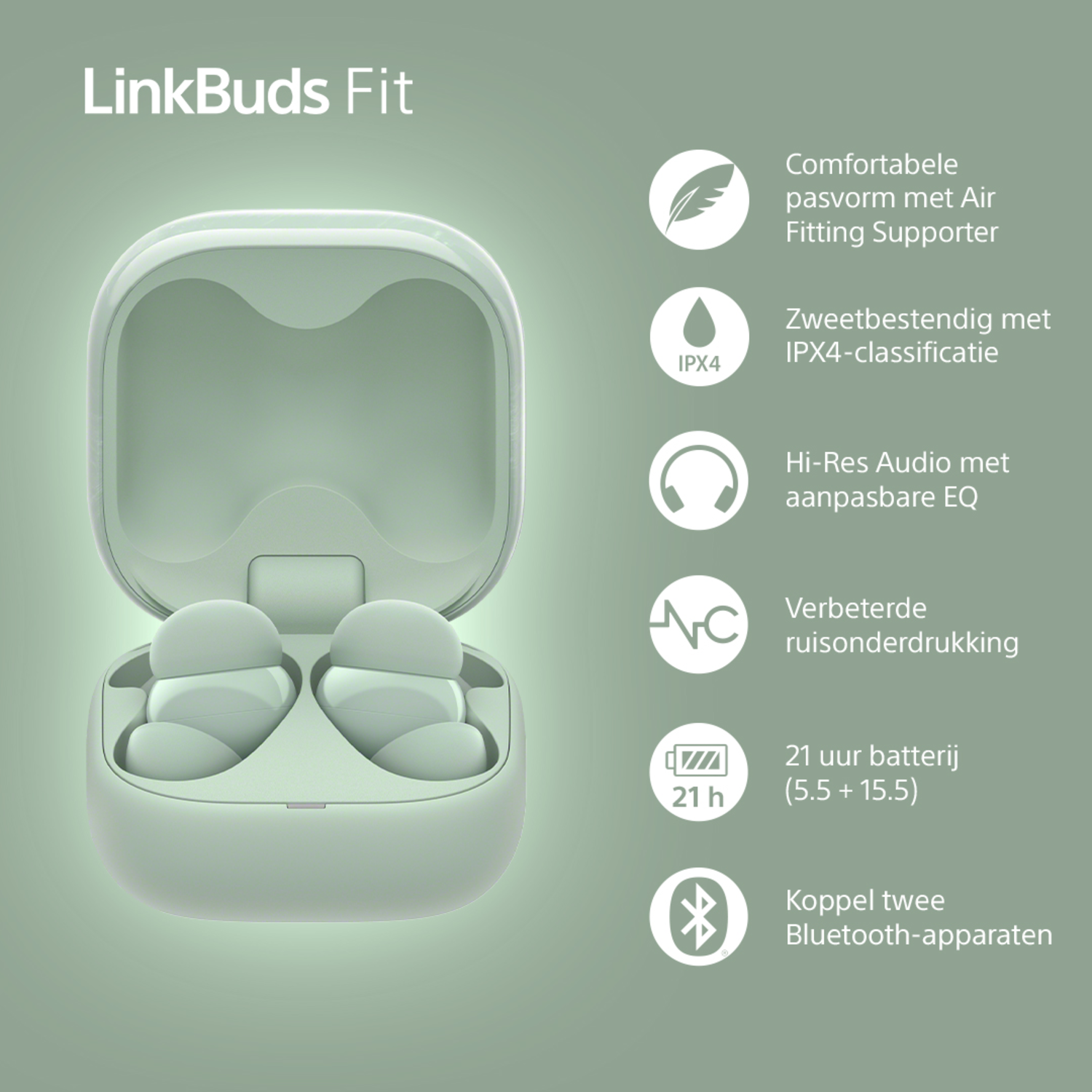 Open, light-green earbuds case with earbuds inside; information icons on right.