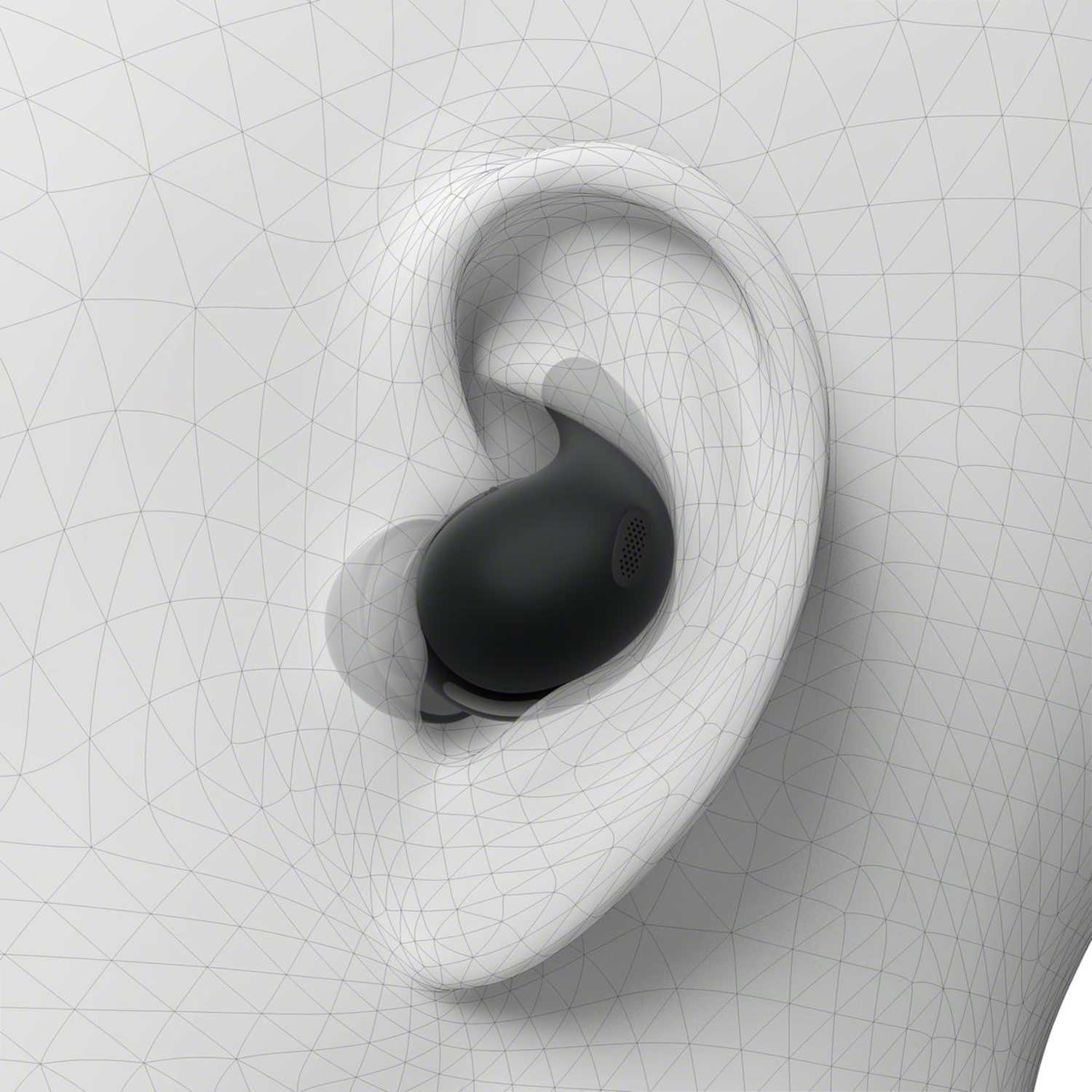 An ear with a black earbud inside. The ear is rendered in a wireframe style.