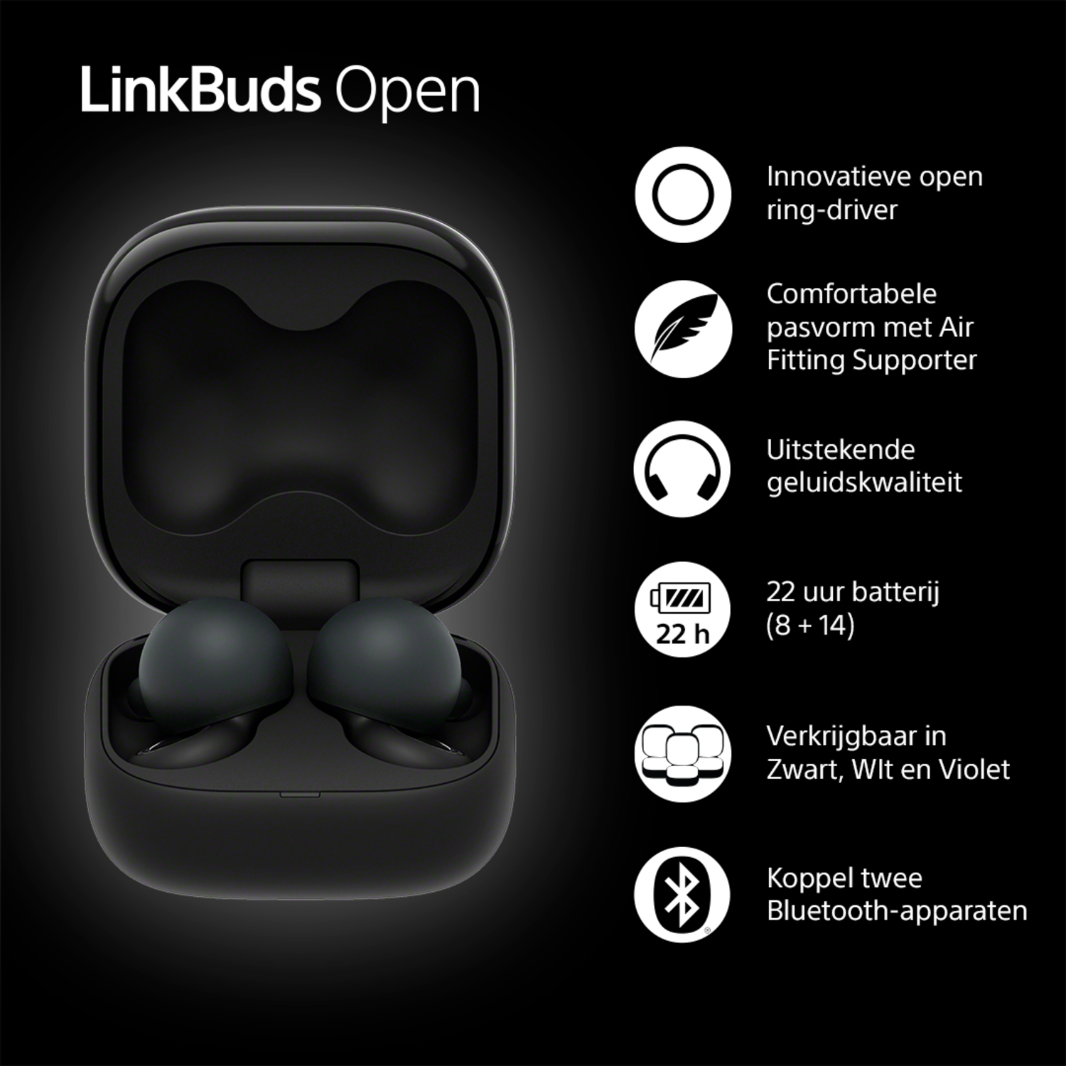 Black LinkBuds Open earbuds with a charging case and text labels.
