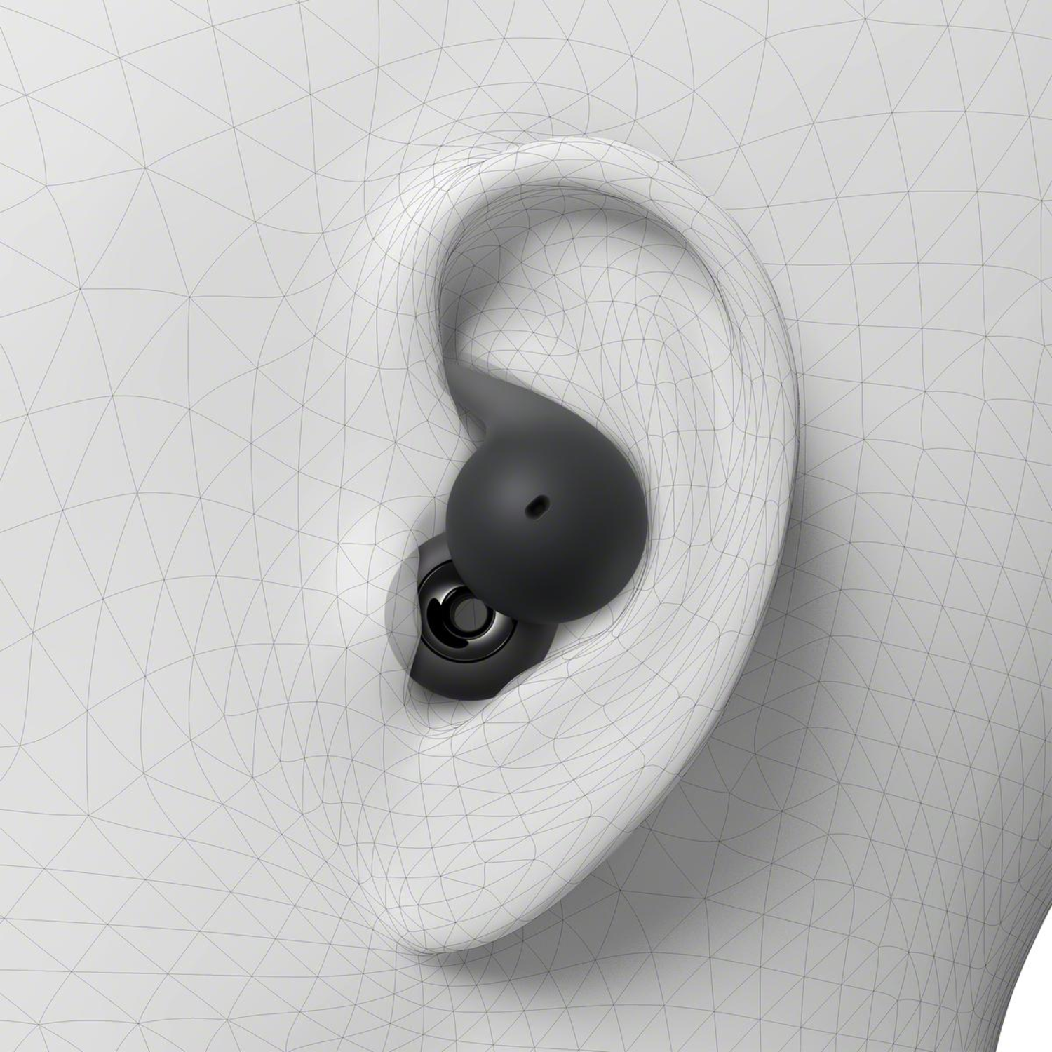 Ear with an earbud inserted. Wireframe illustration, earbud is black.